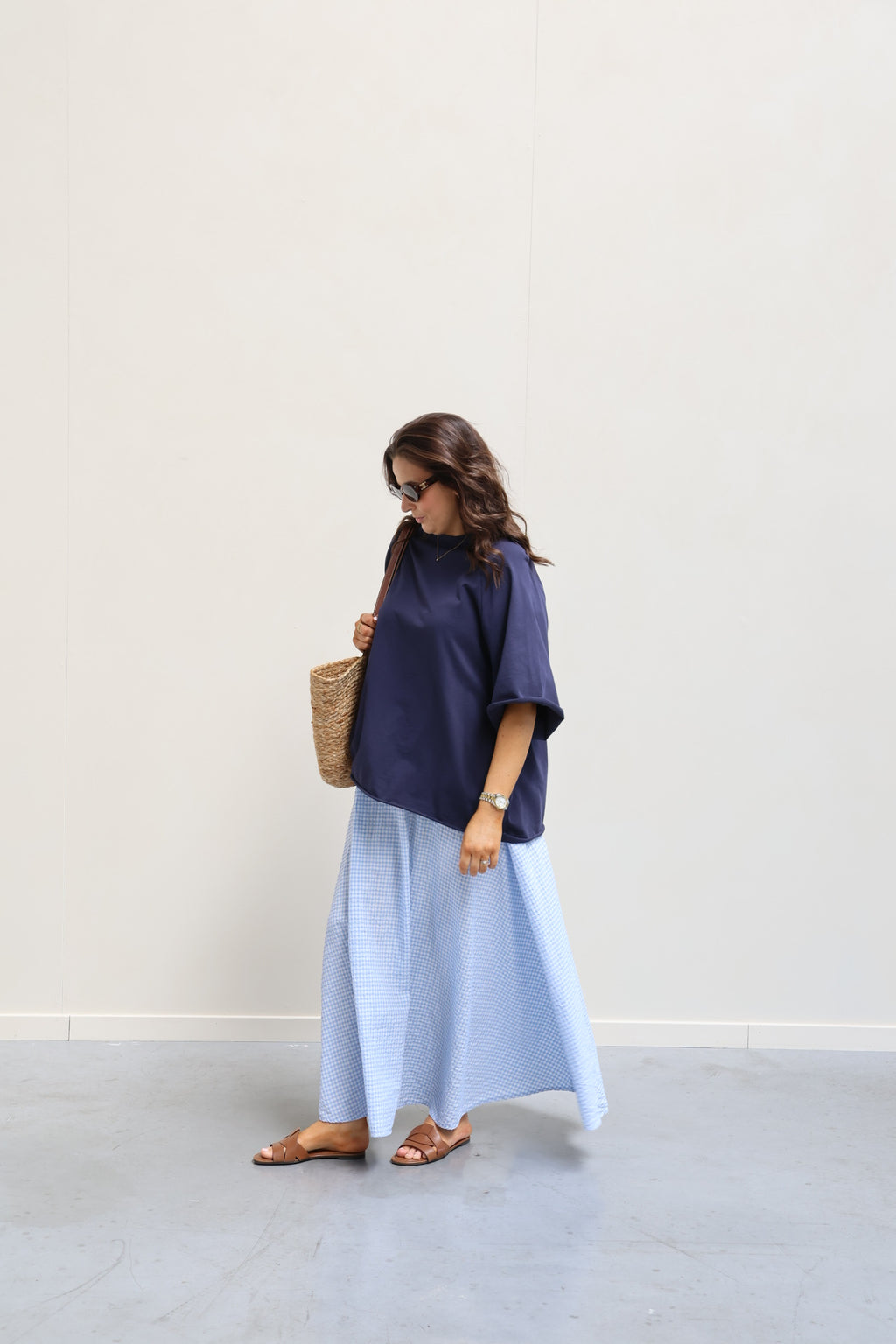 Ziva geruite maxi rok lichtblauw