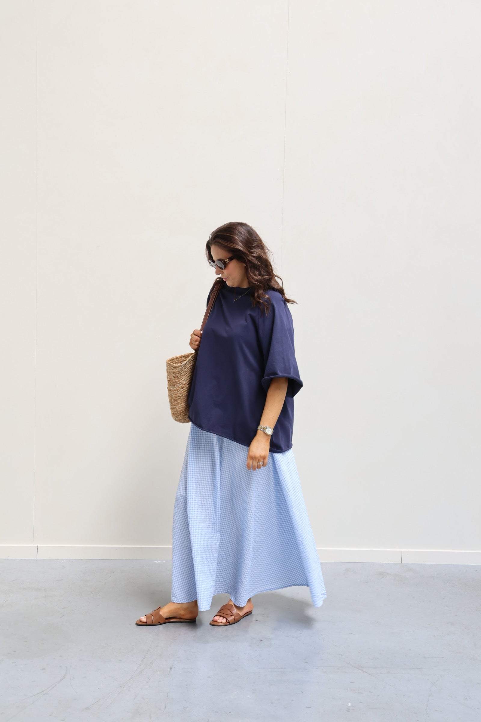 Ziva geruite maxi rok lichtblauw