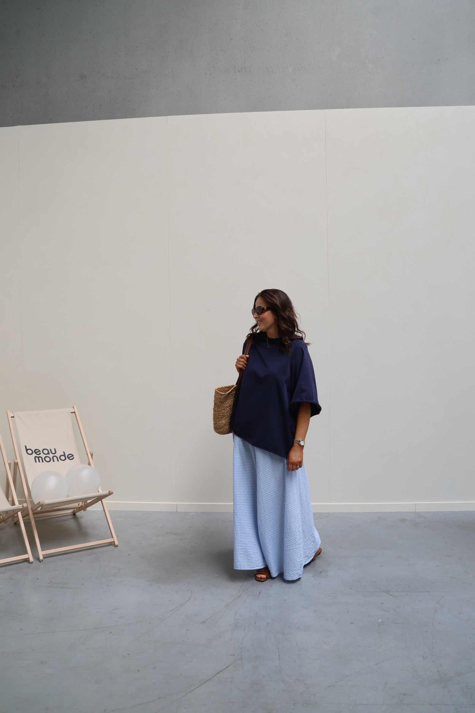Ziva geruite maxi rok lichtblauw