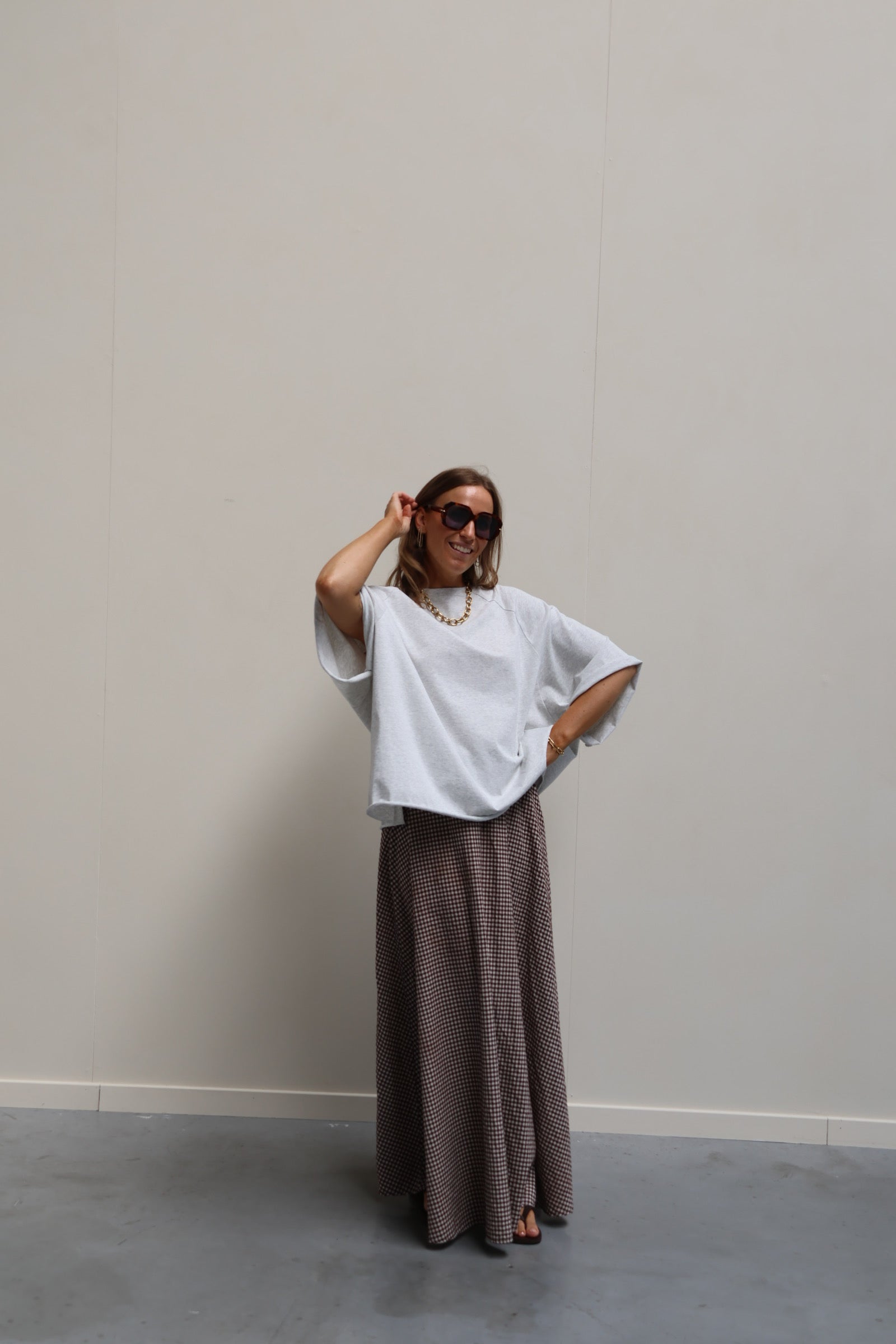 Ziva geruite maxi rok bruin