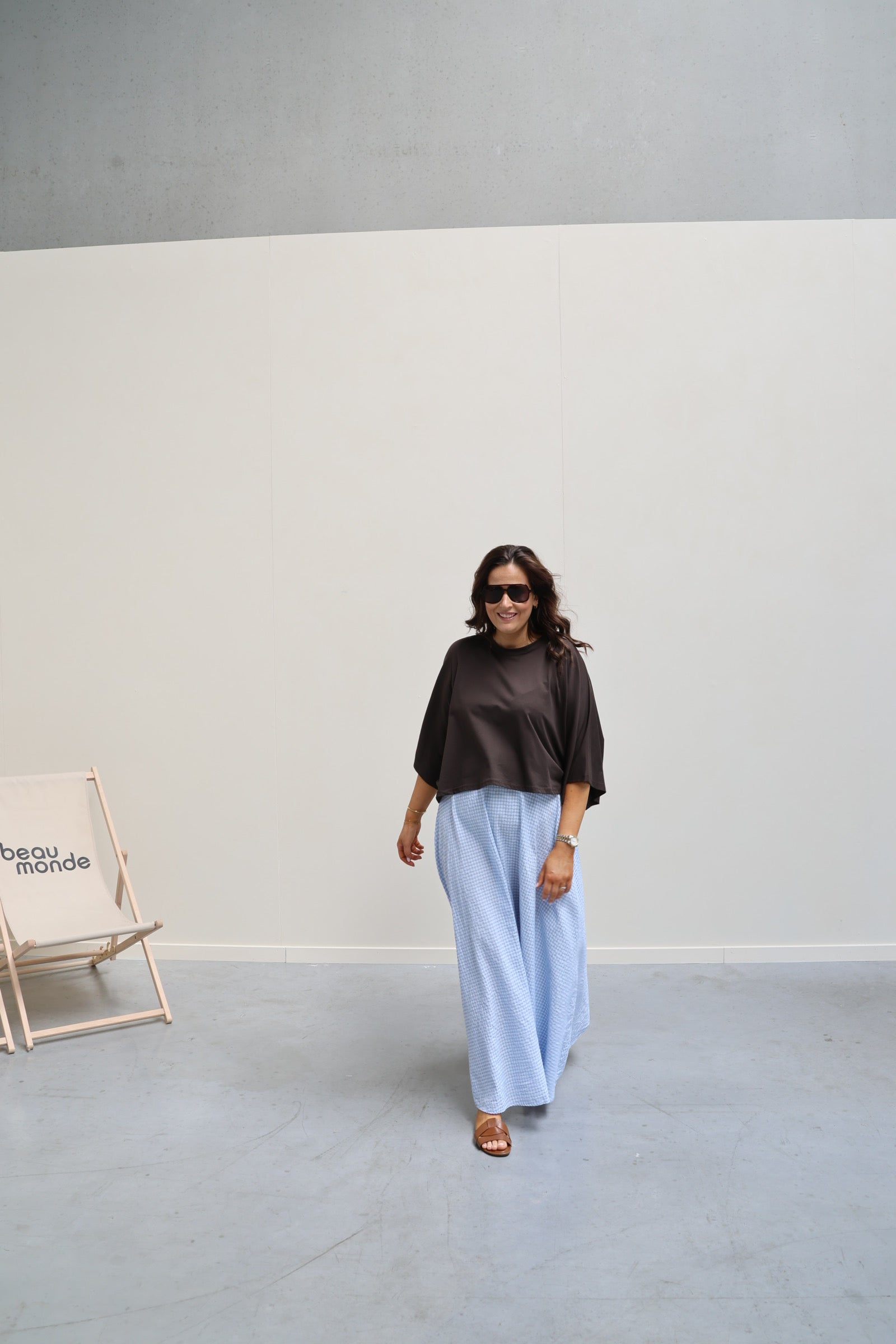 Ziva geruite maxi rok lichtblauw