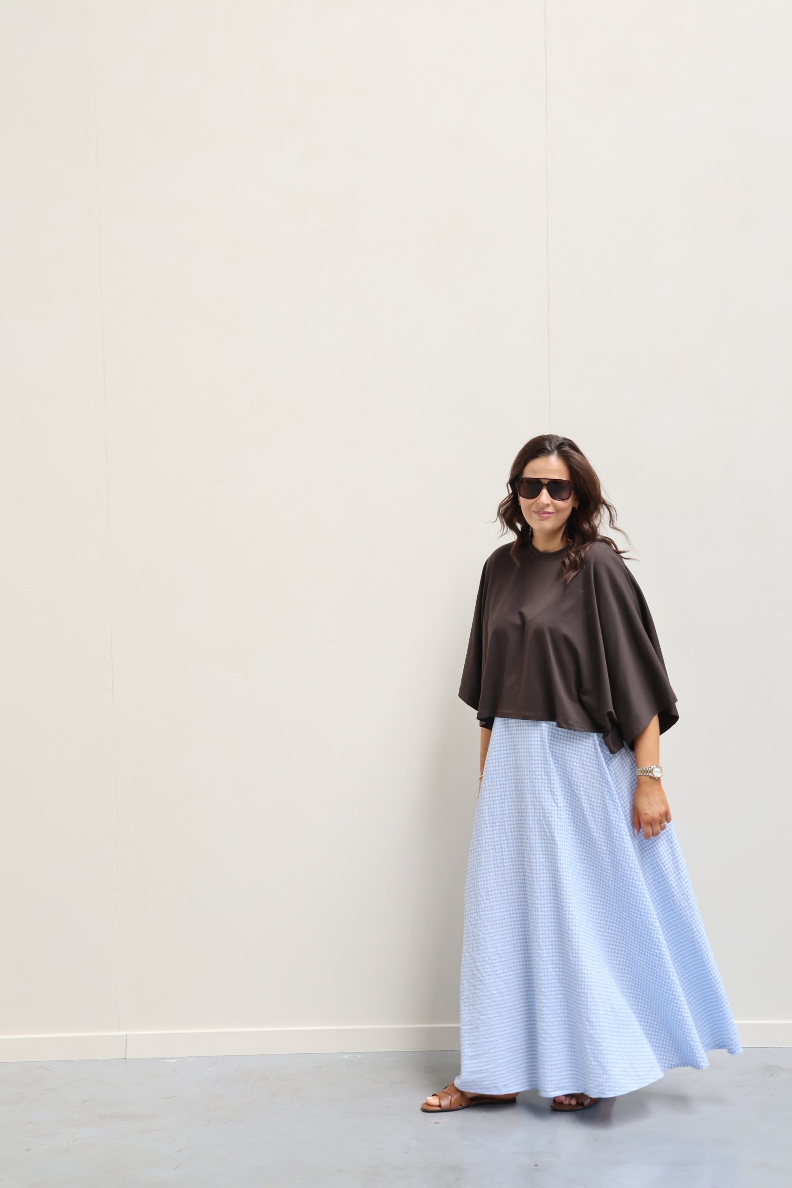 Ziva geruite maxi rok lichtblauw