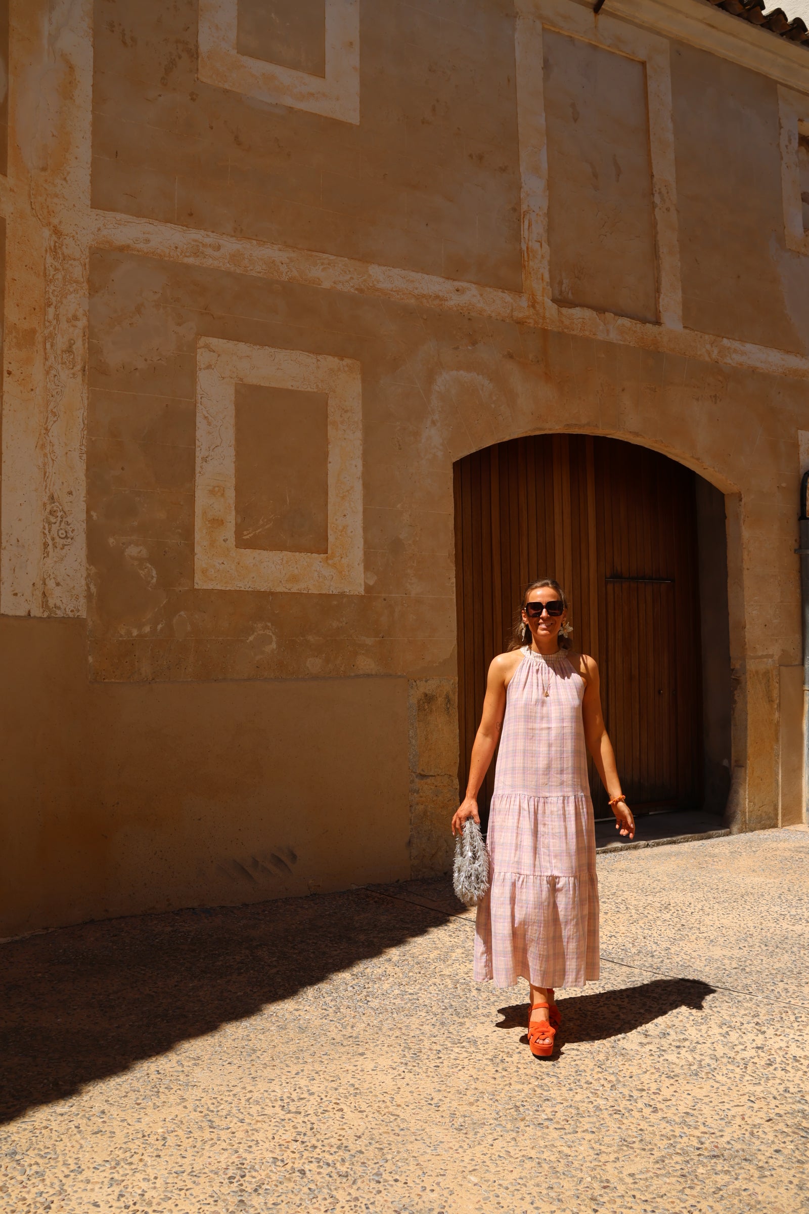 Babs geruite maxi jurk roze
