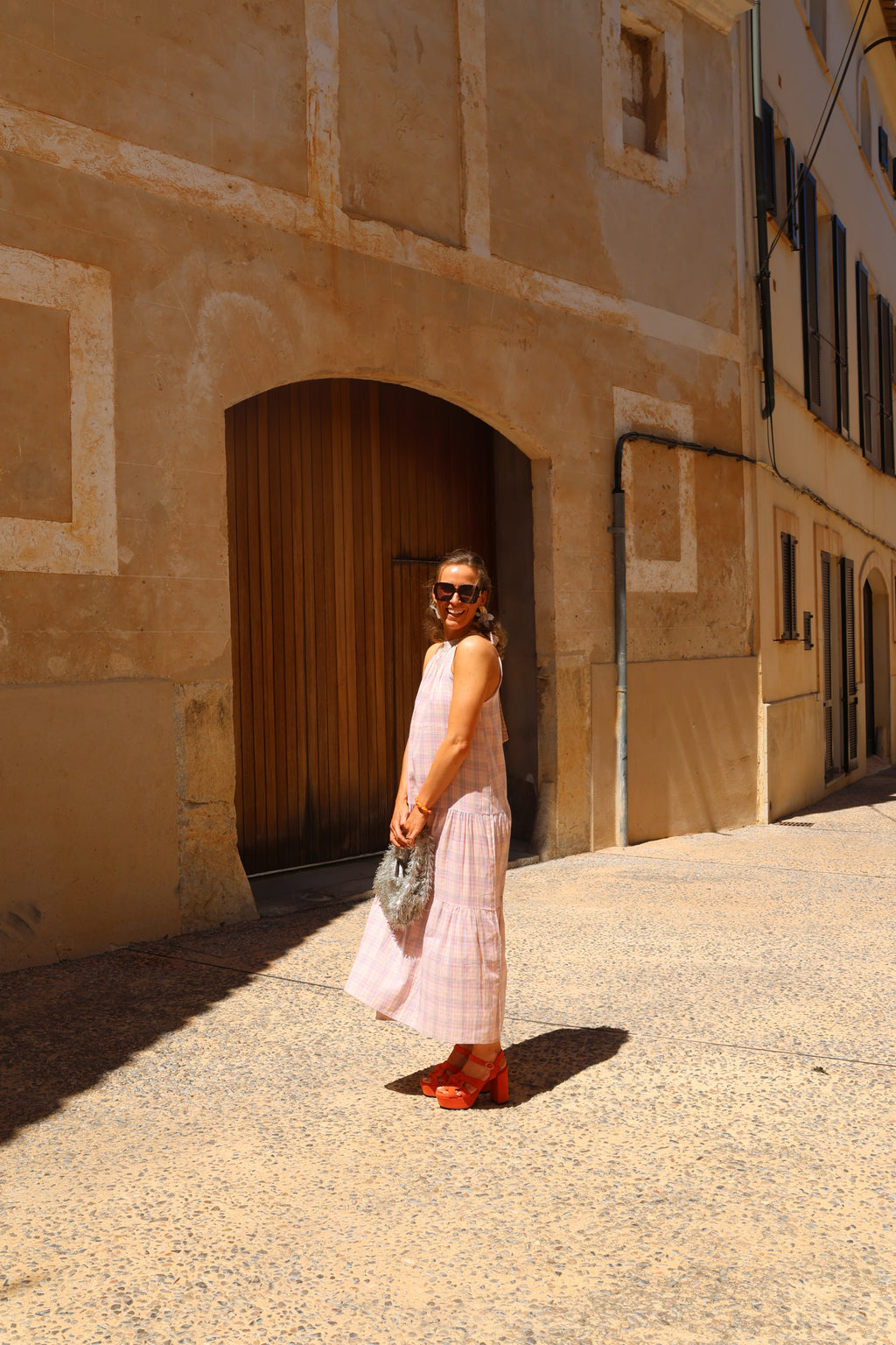 Babs geruite maxi jurk roze