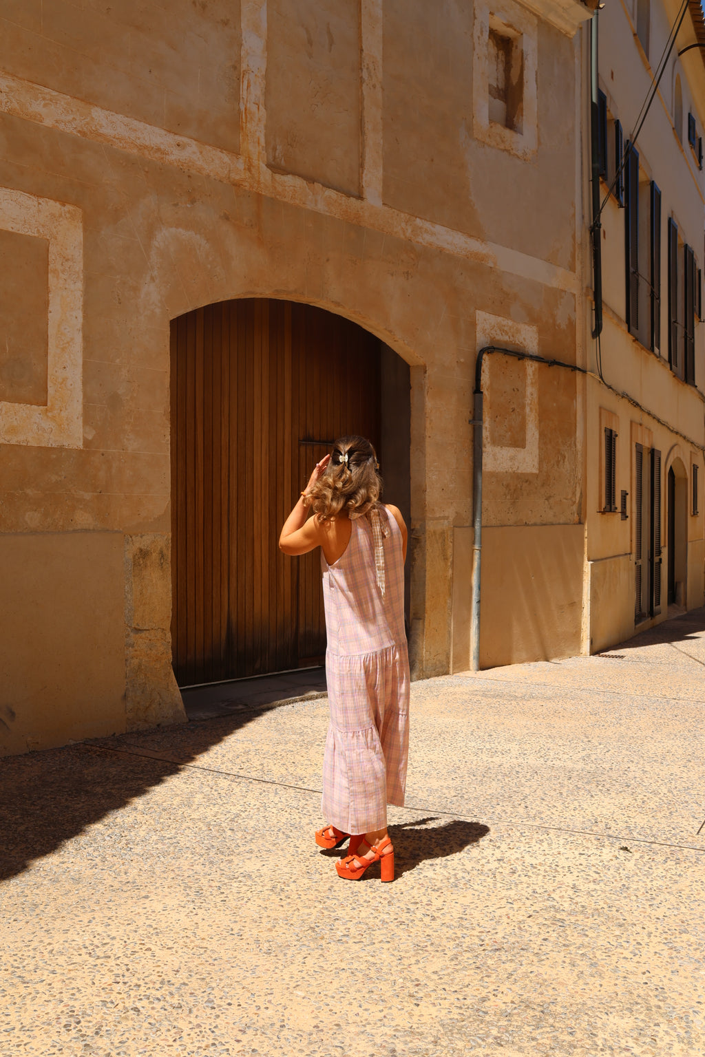 Babs geruite maxi jurk roze