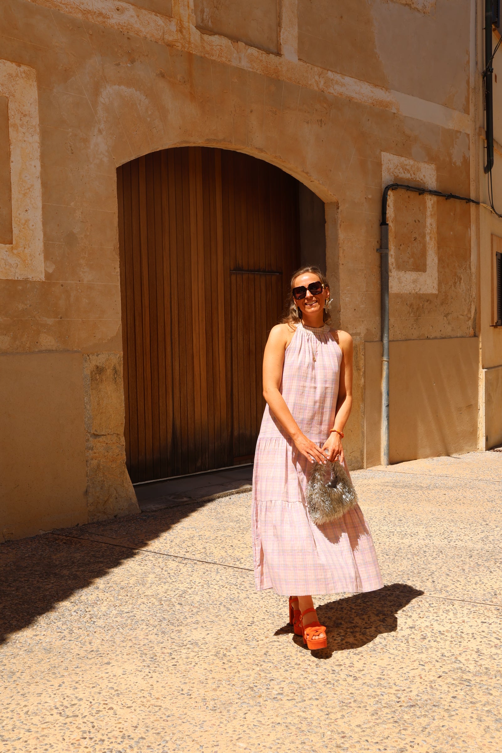 Babs geruite maxi jurk roze