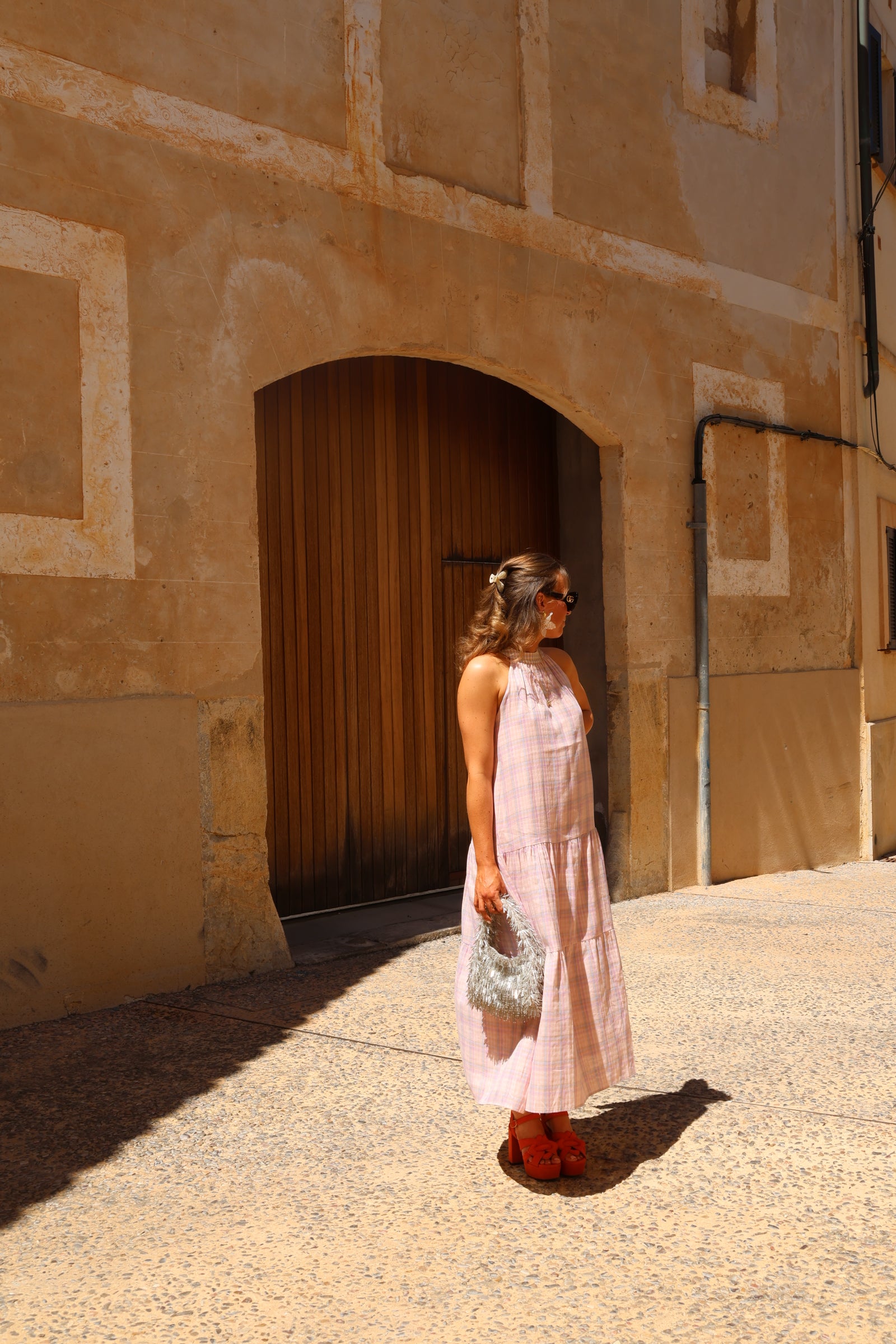 Babs geruite maxi jurk roze