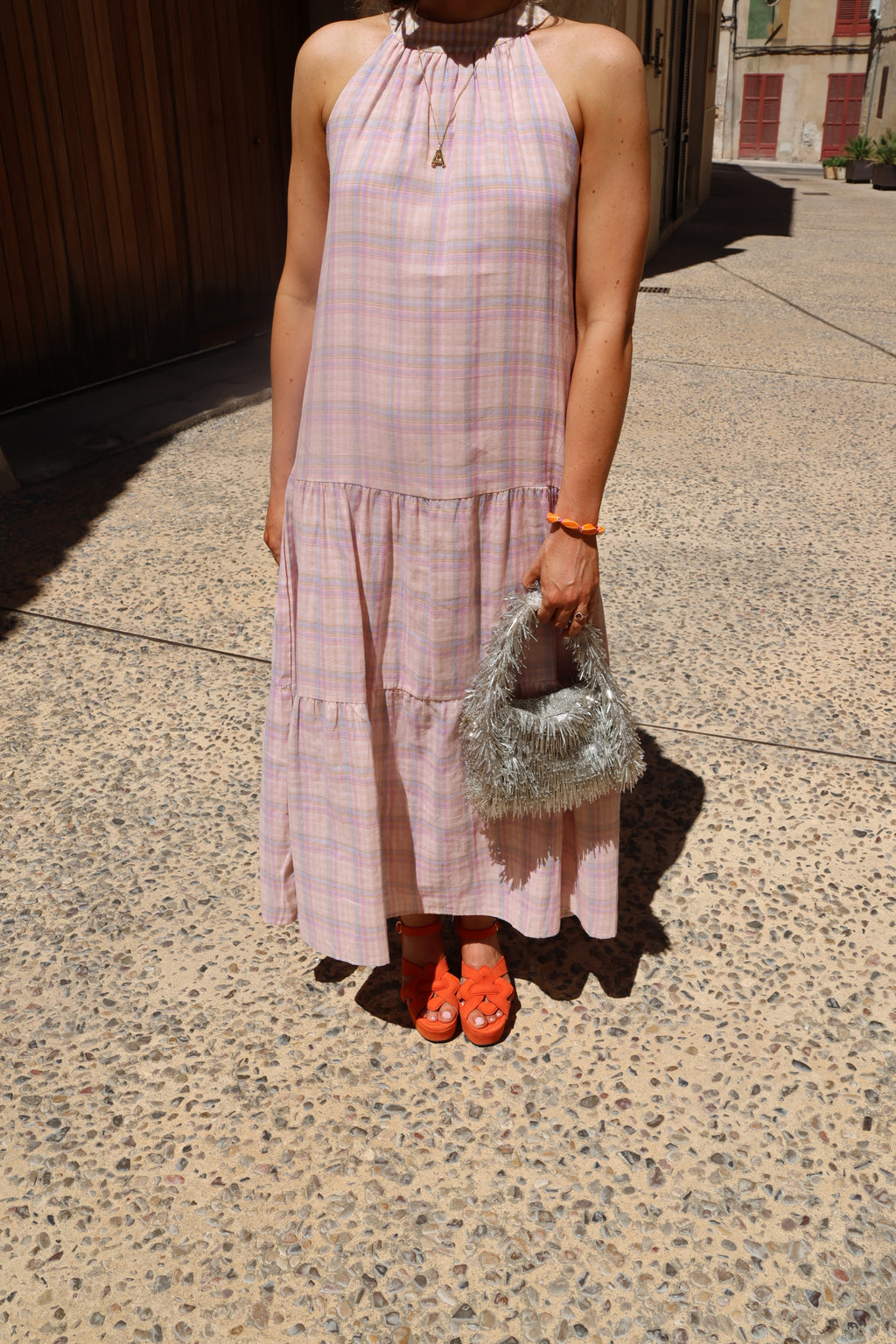 Babs geruite maxi jurk roze