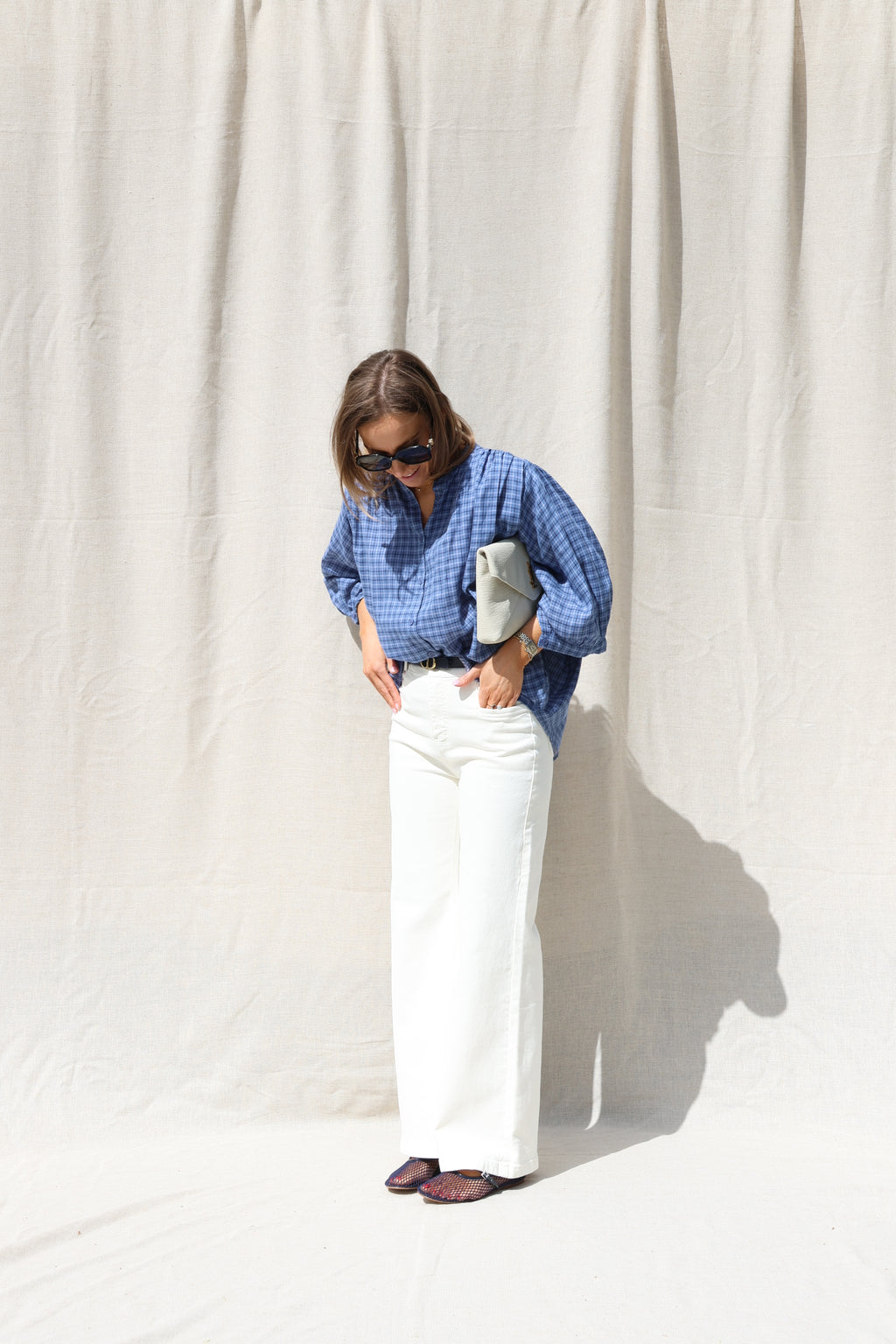 Lina carreaux blouse blauw