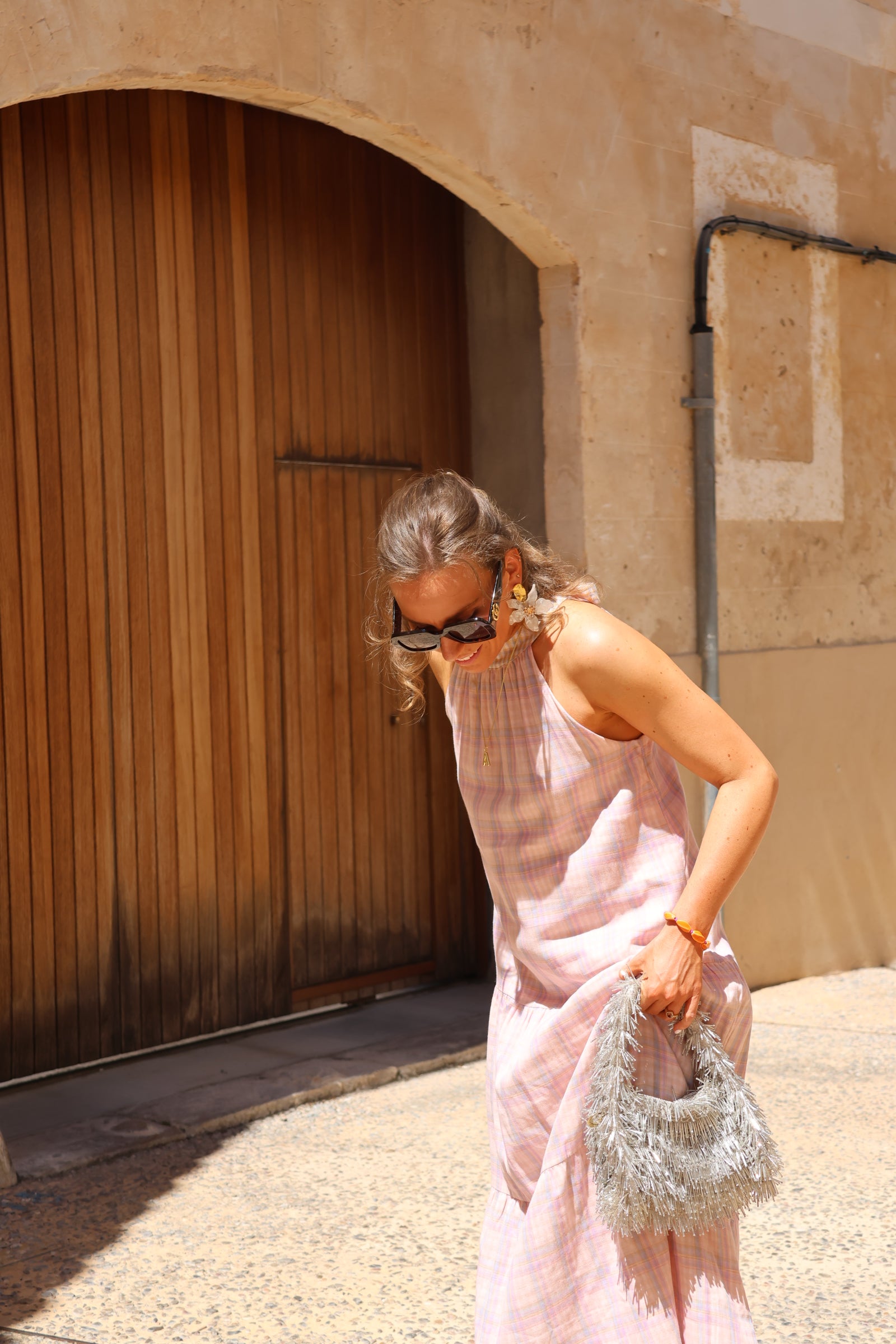 Babs geruite maxi jurk roze