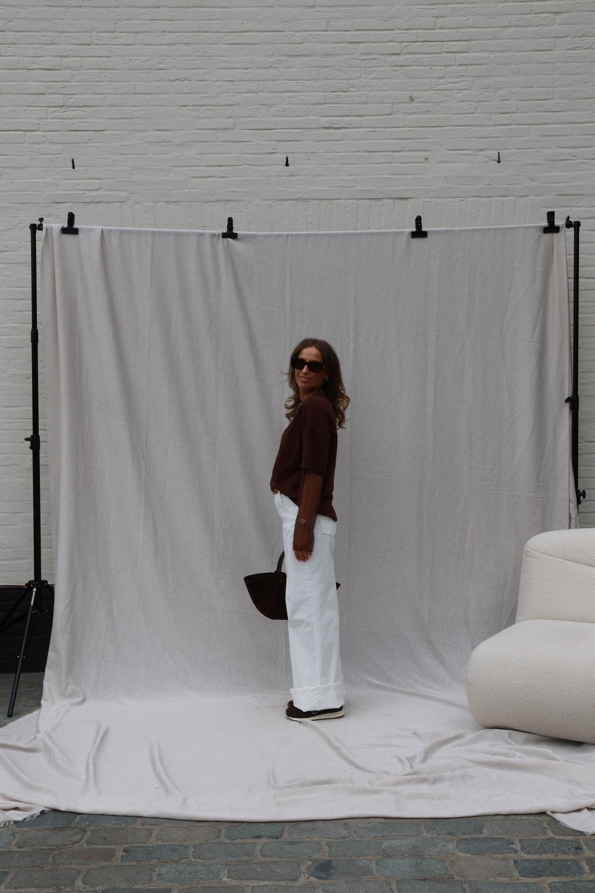 Laura T-shirt met polkadot mouwen bruin