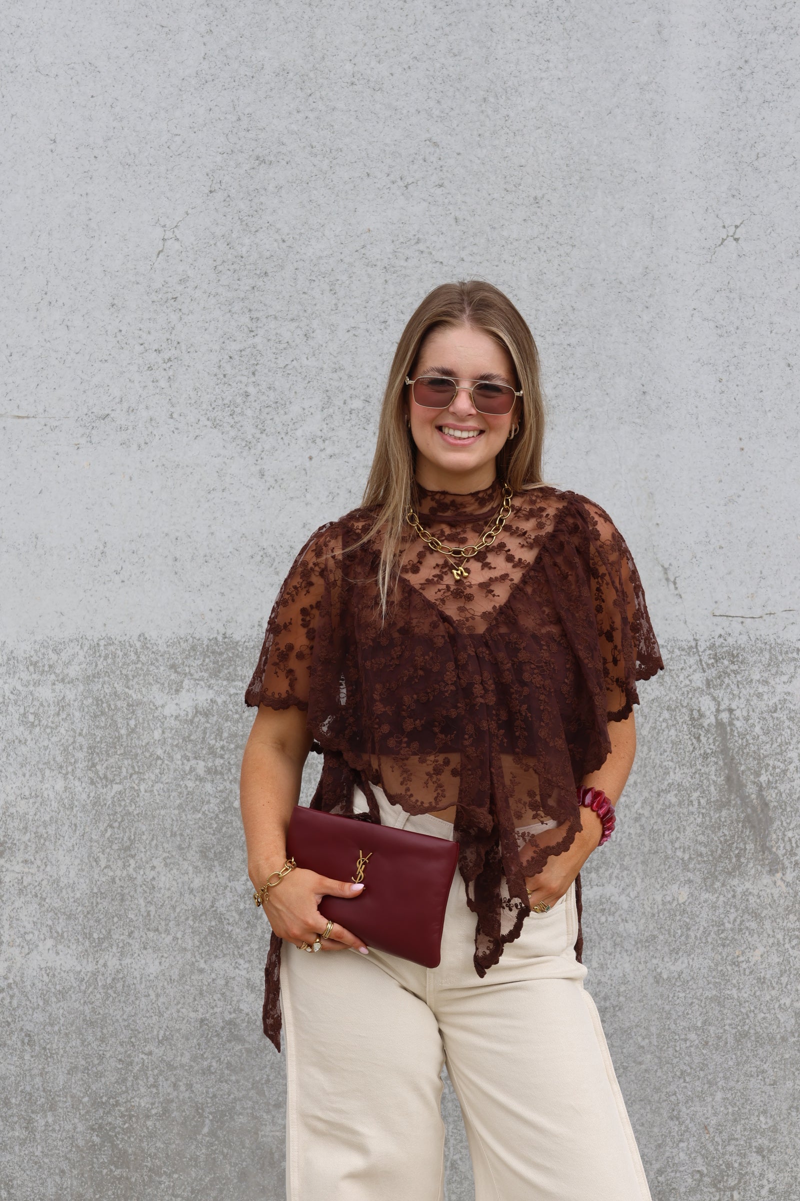 Tess see-trough kanten top bruin
