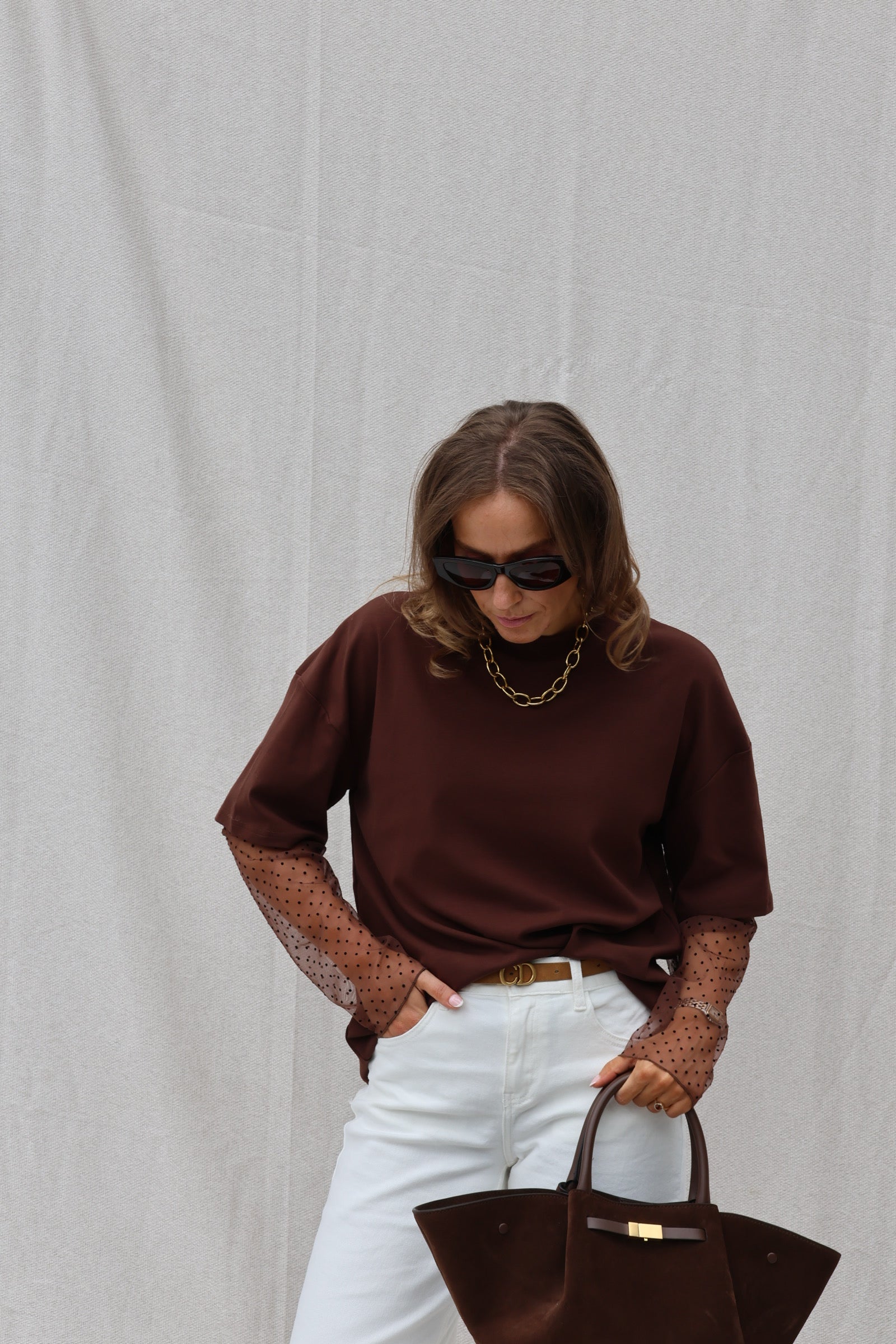 Laura T-shirt met polkadot mouwen bruin