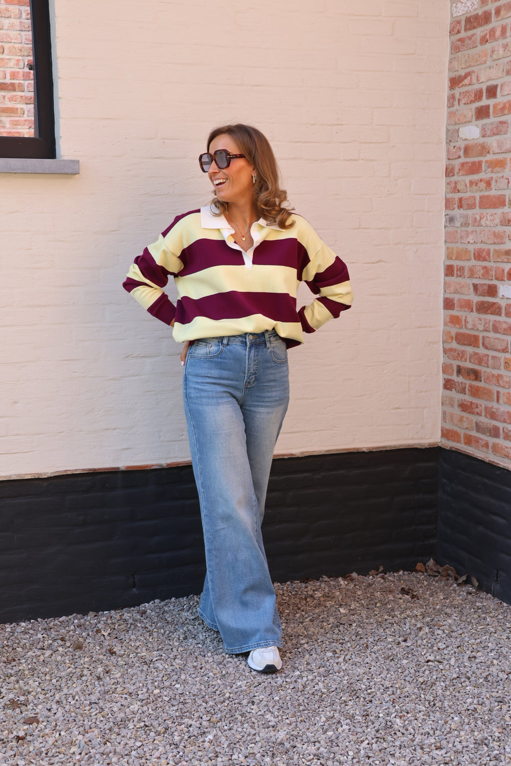 Lauren gestreepte polo geel/magenta