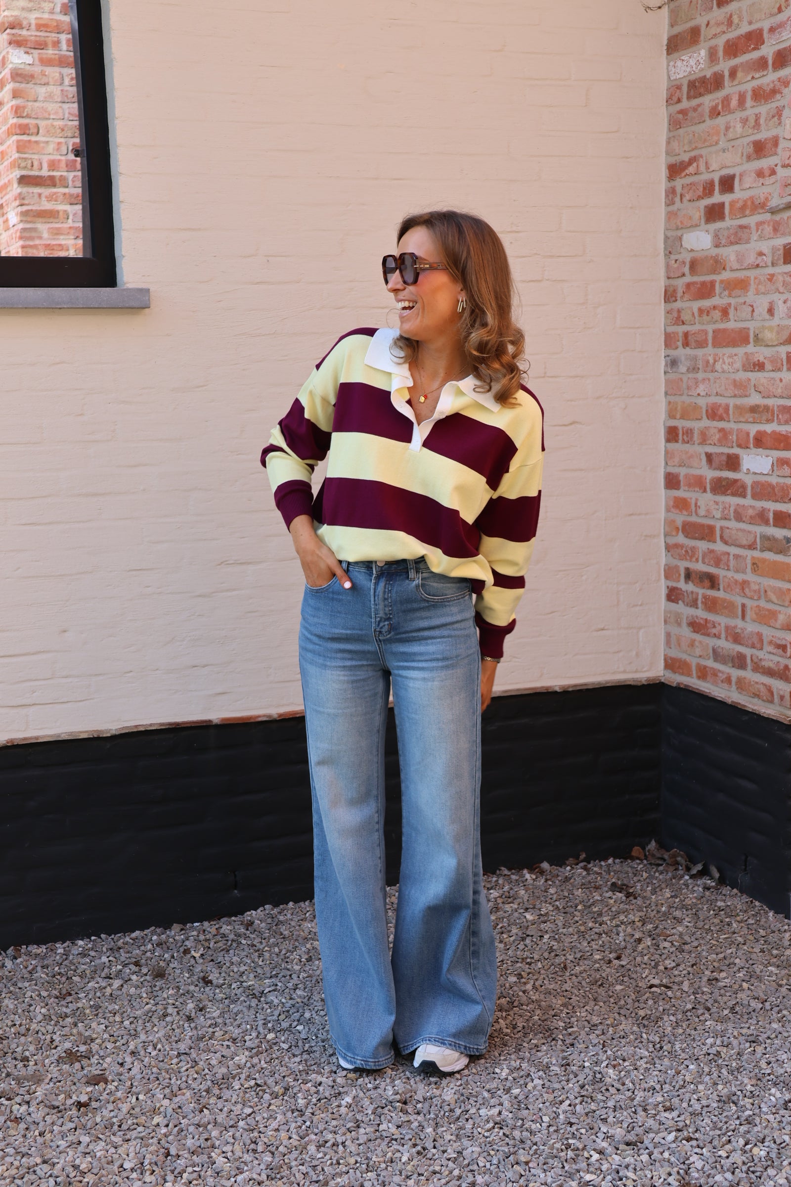 Lauren gestreepte polo geel/magenta