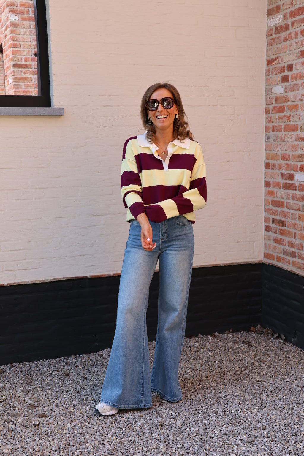 Lauren gestreepte polo geel/magenta