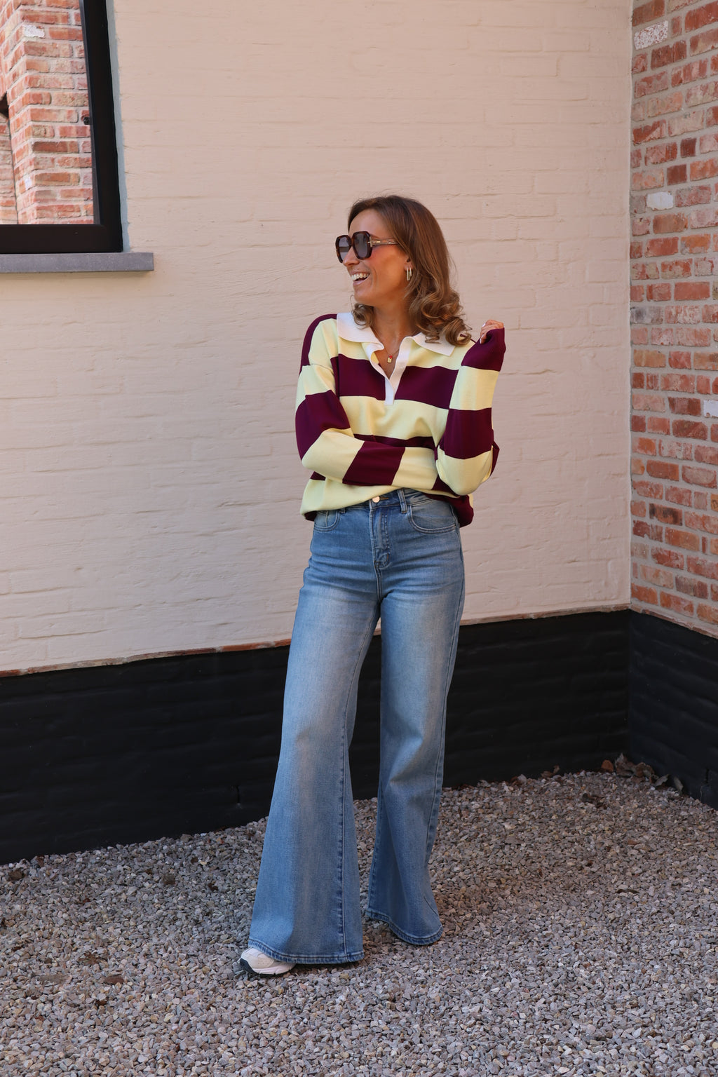 Lauren gestreepte polo geel/magenta