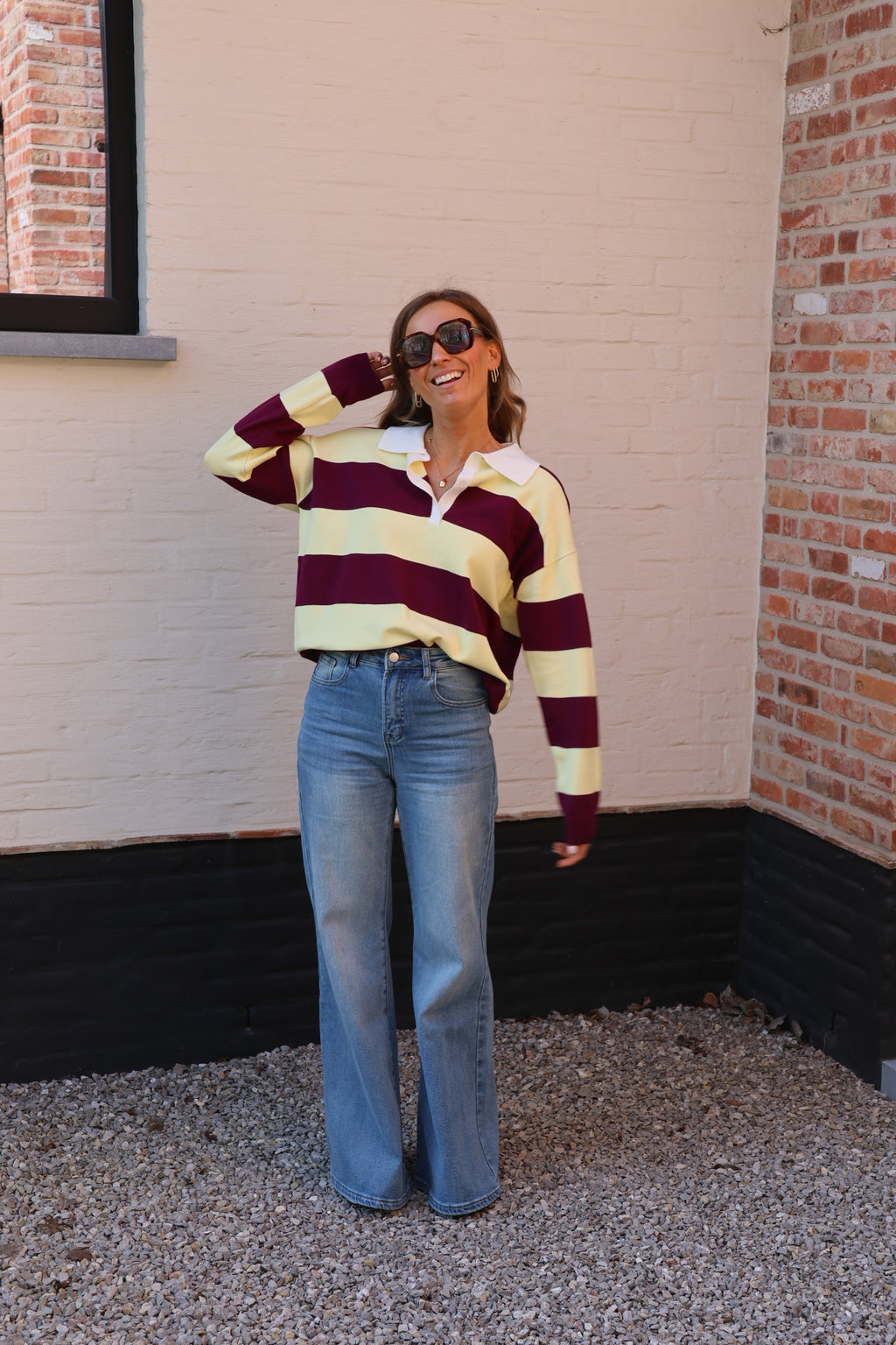 Lauren gestreepte polo geel/magenta