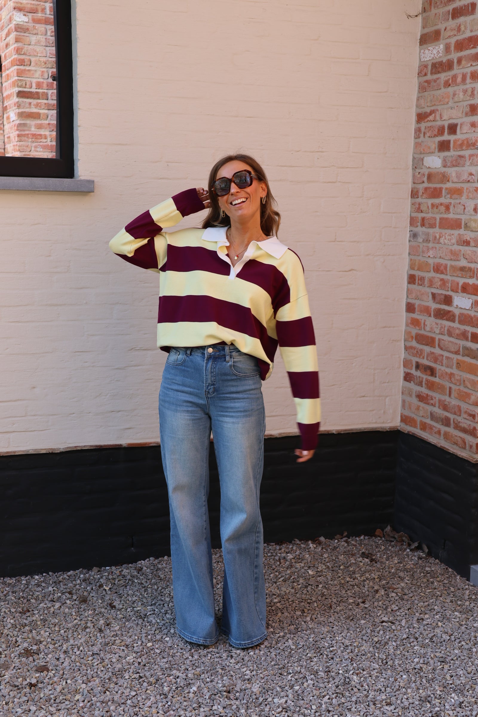 Lauren gestreepte polo geel/magenta