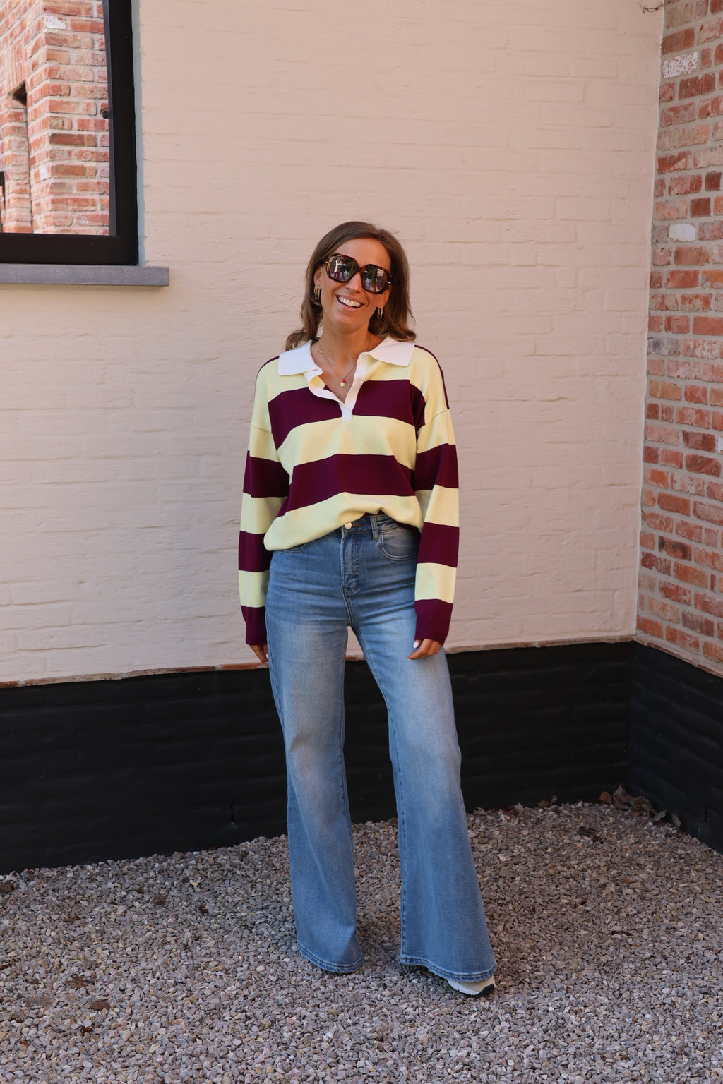 Lauren gestreepte polo geel/magenta