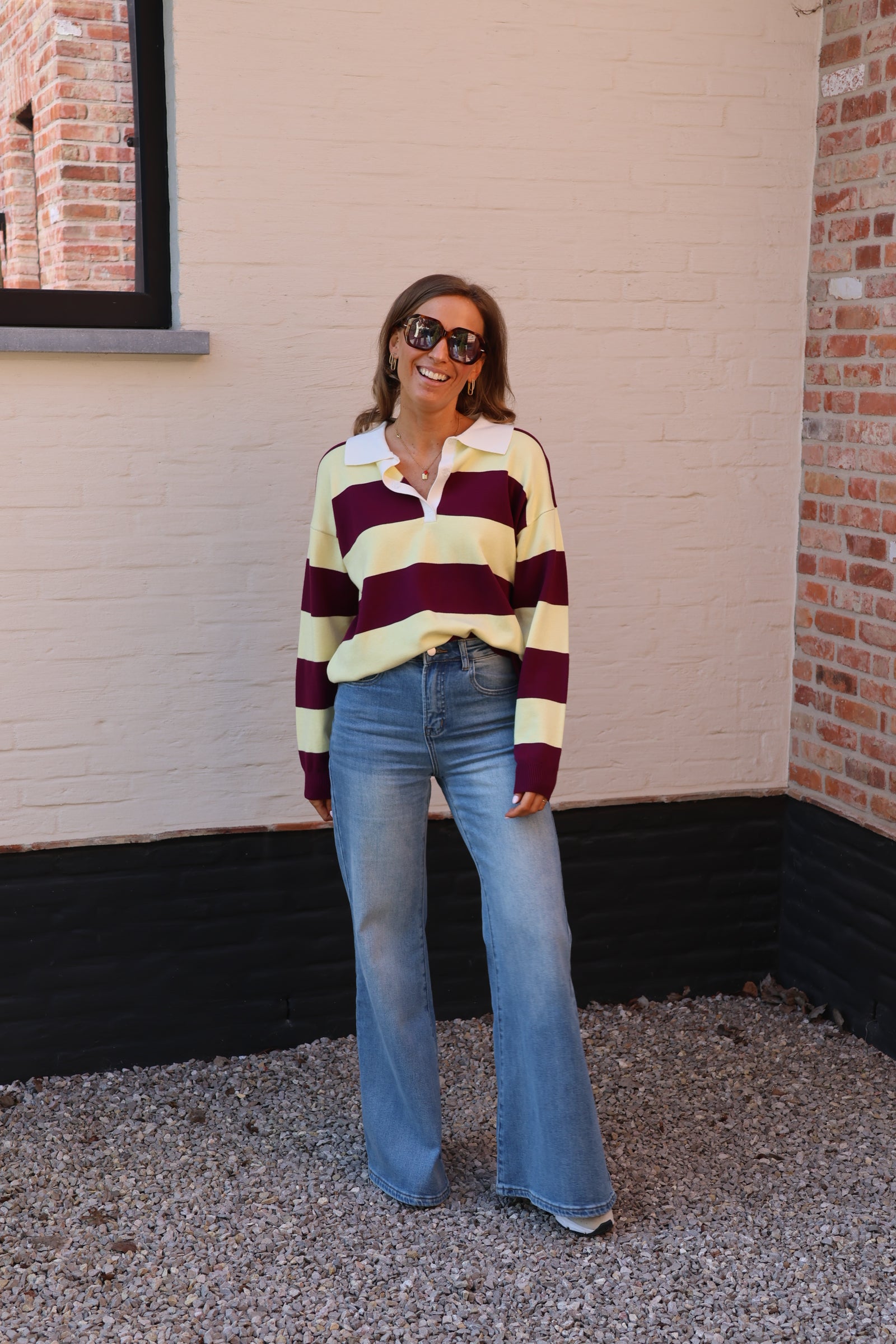 Lauren gestreepte polo geel/magenta