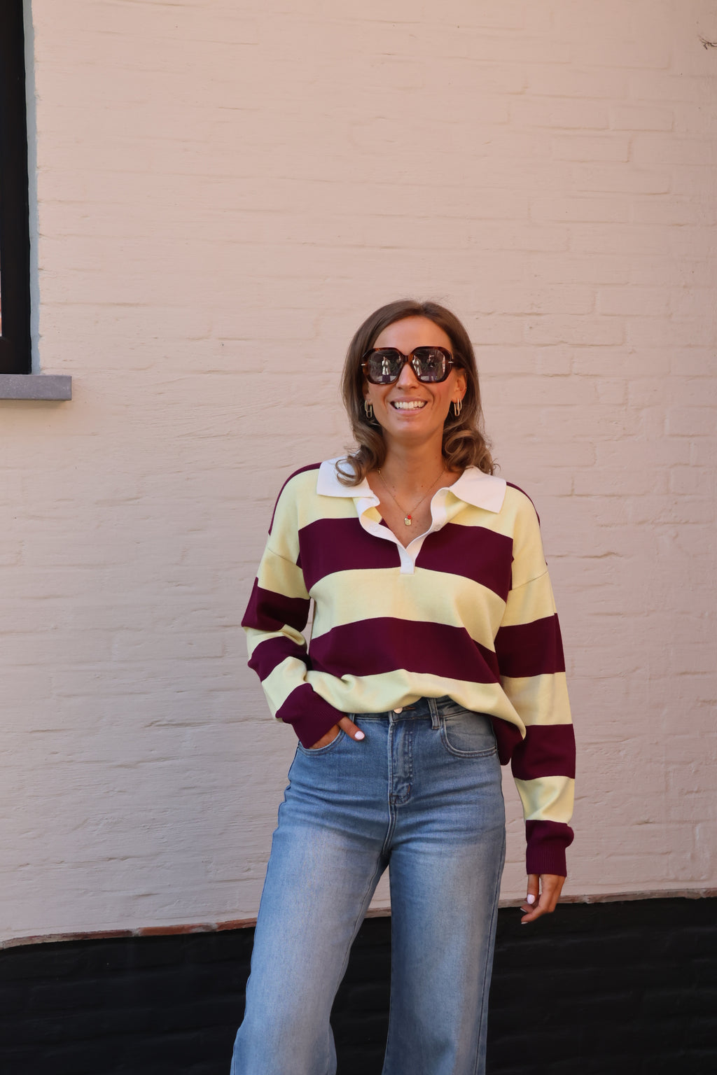 Lauren gestreepte polo geel/magenta