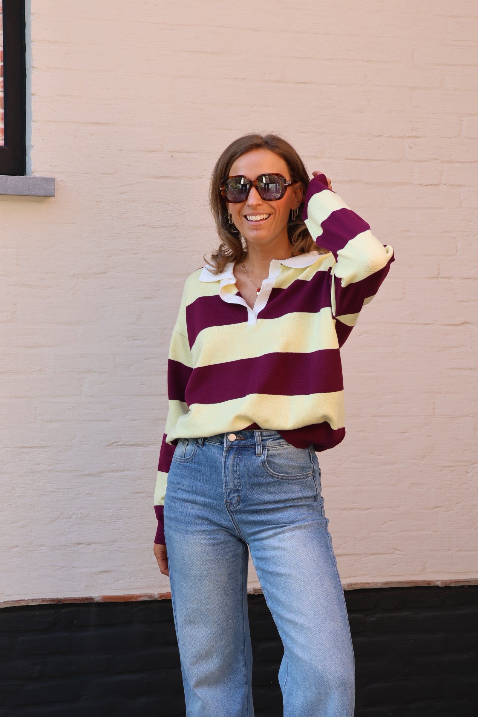 Lauren gestreepte polo geel/magenta