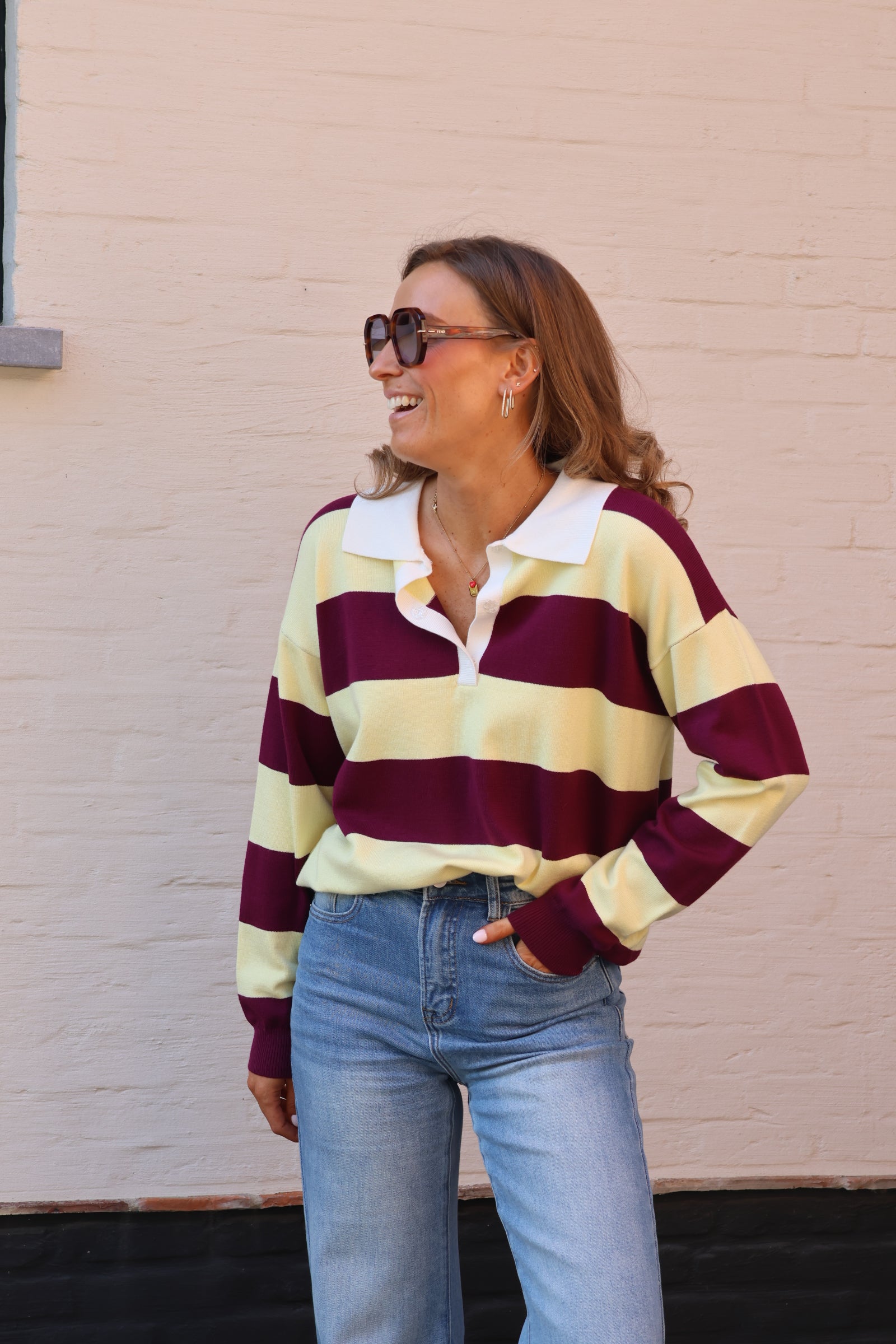 Lauren gestreepte polo geel/magenta