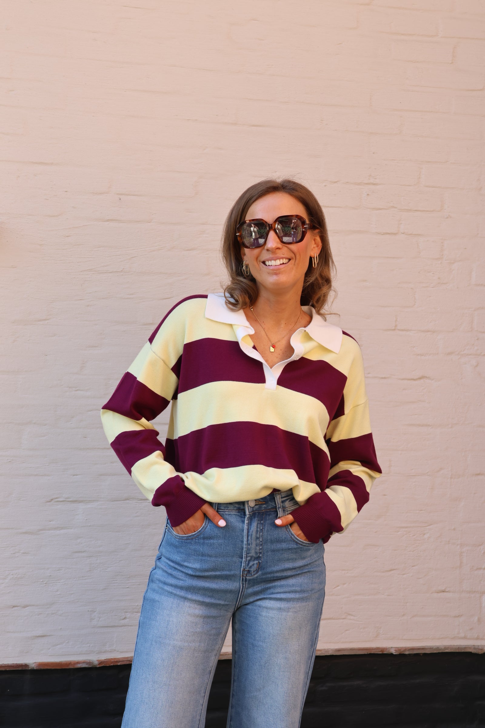 Lauren gestreepte polo geel/magenta