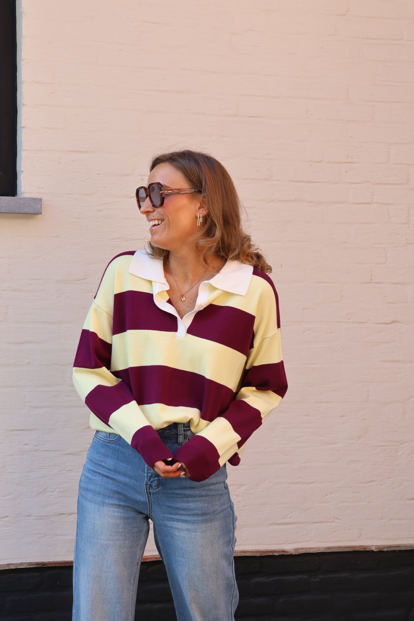 Lauren gestreepte polo geel/magenta