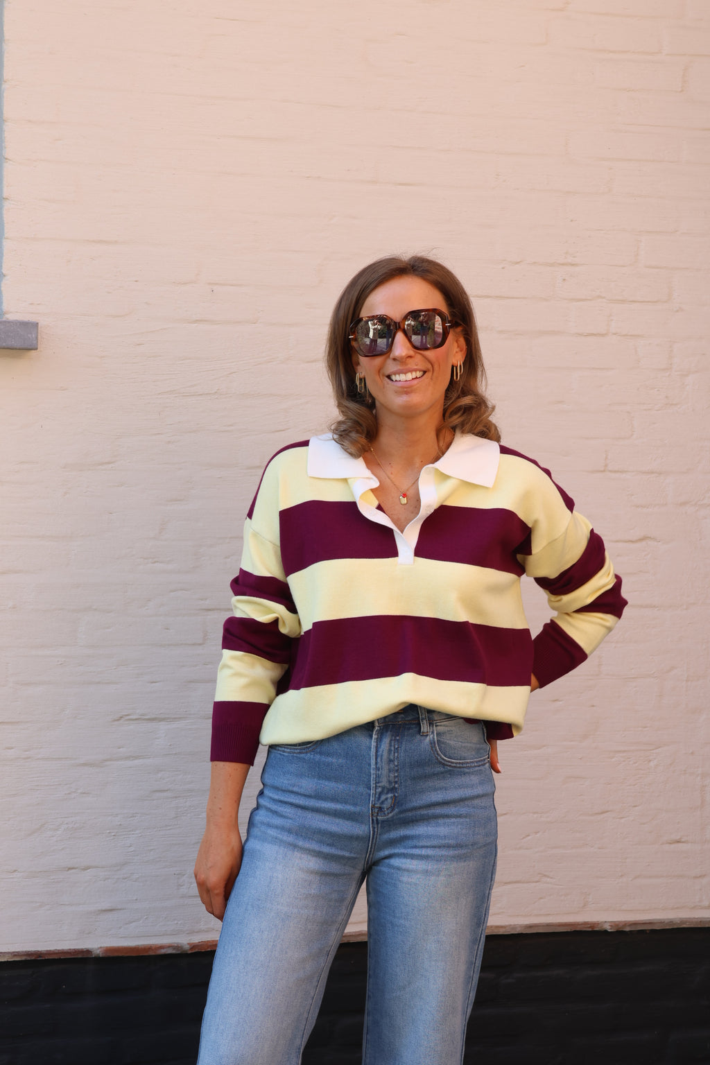 Lauren gestreepte polo geel/magenta