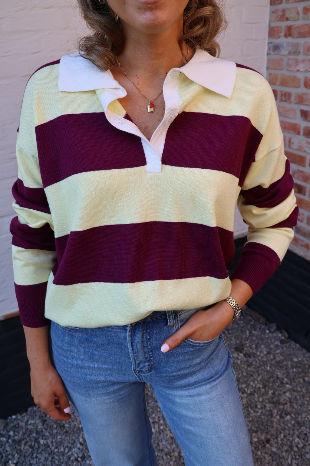 Lauren gestreepte polo geel/magenta