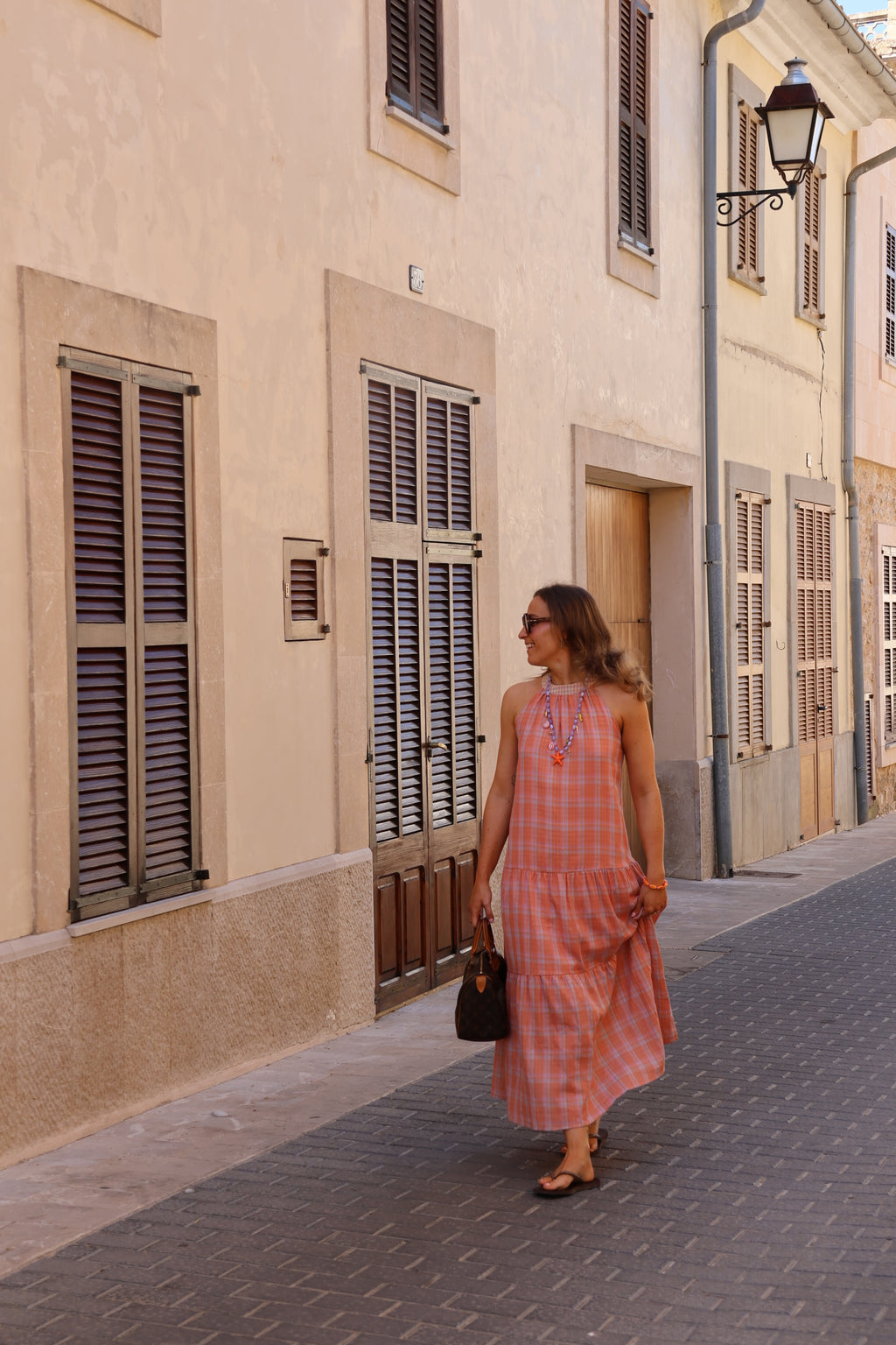 Babs geruite maxi jurk oranje