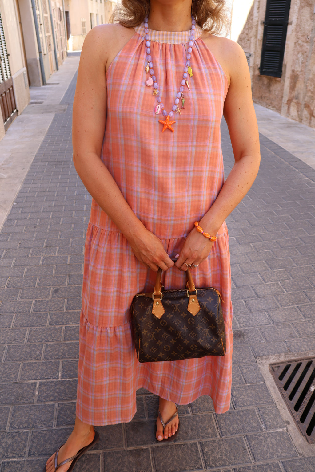 Babs geruite maxi jurk oranje