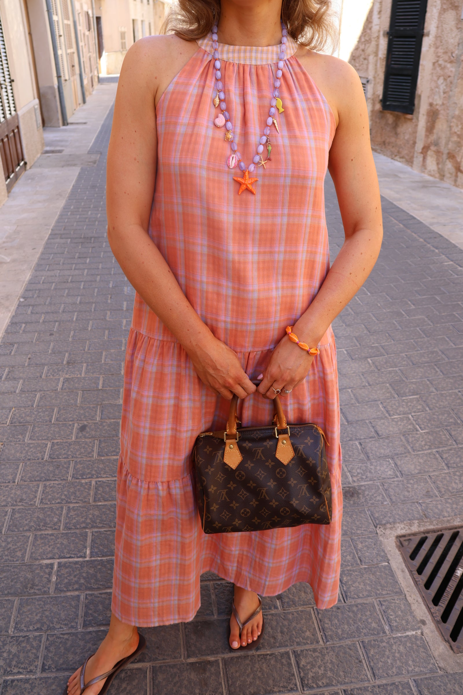 Babs geruite maxi jurk oranje