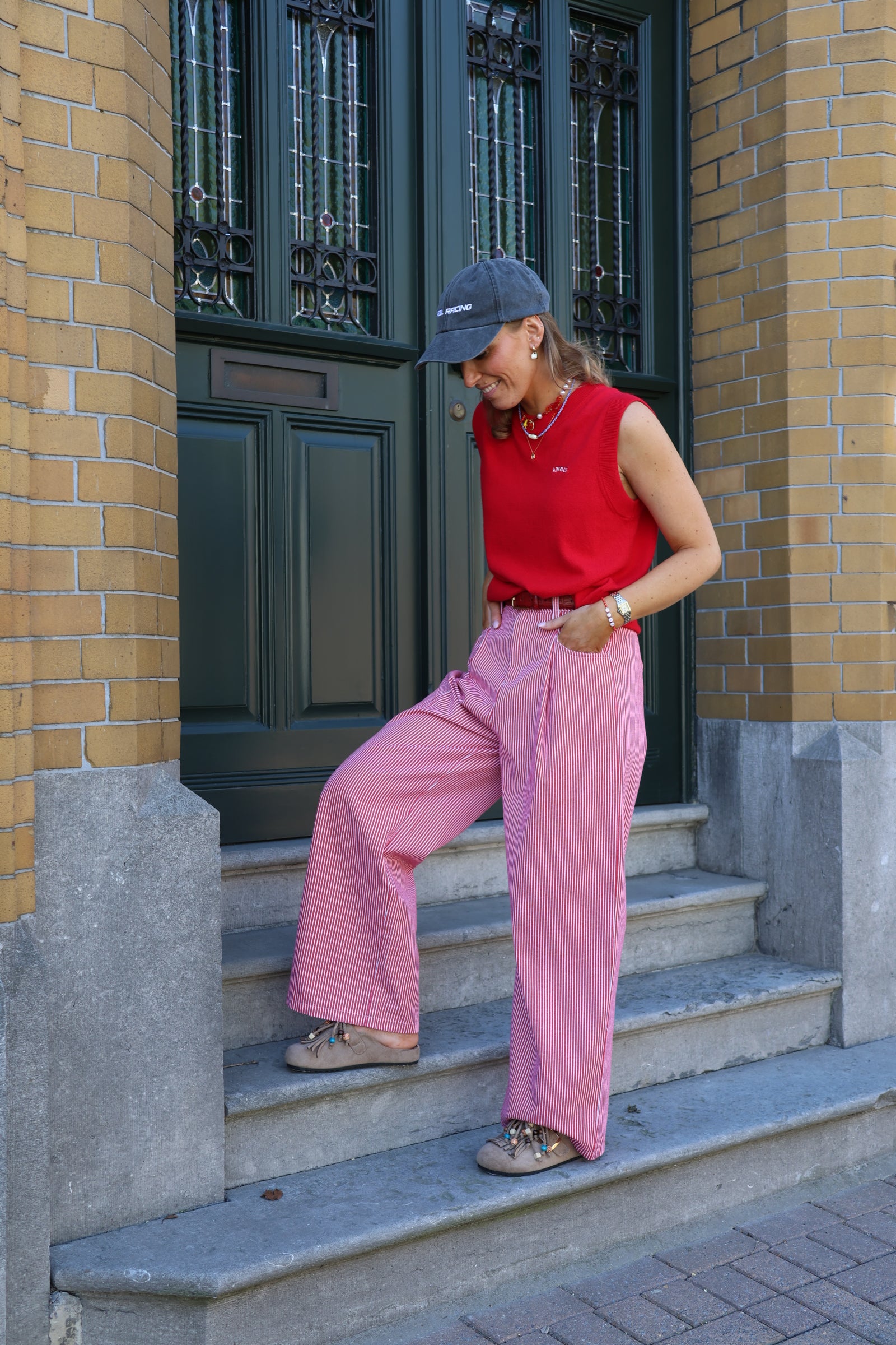 Lize gestreepte broek rood