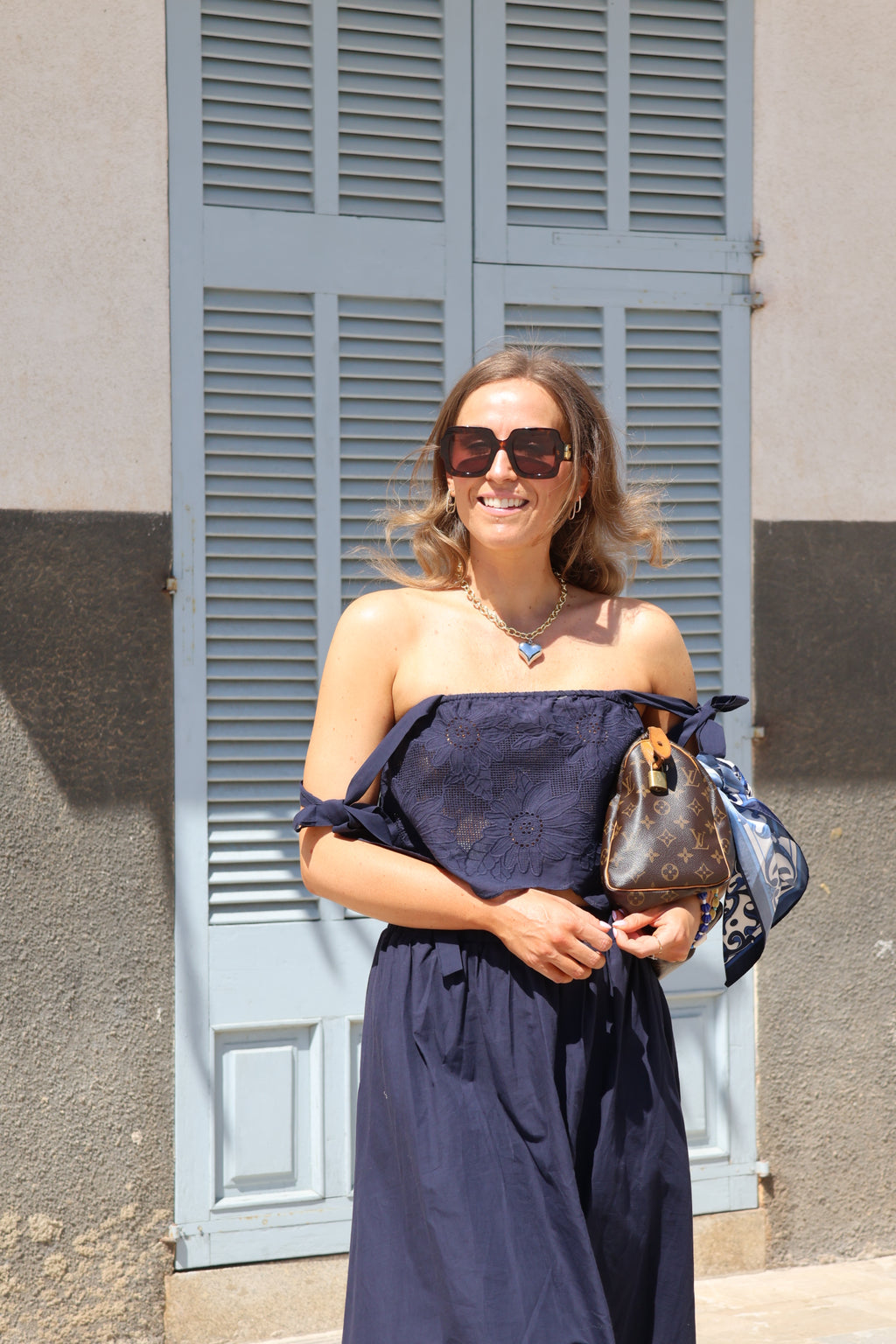 Ella top met kant marine