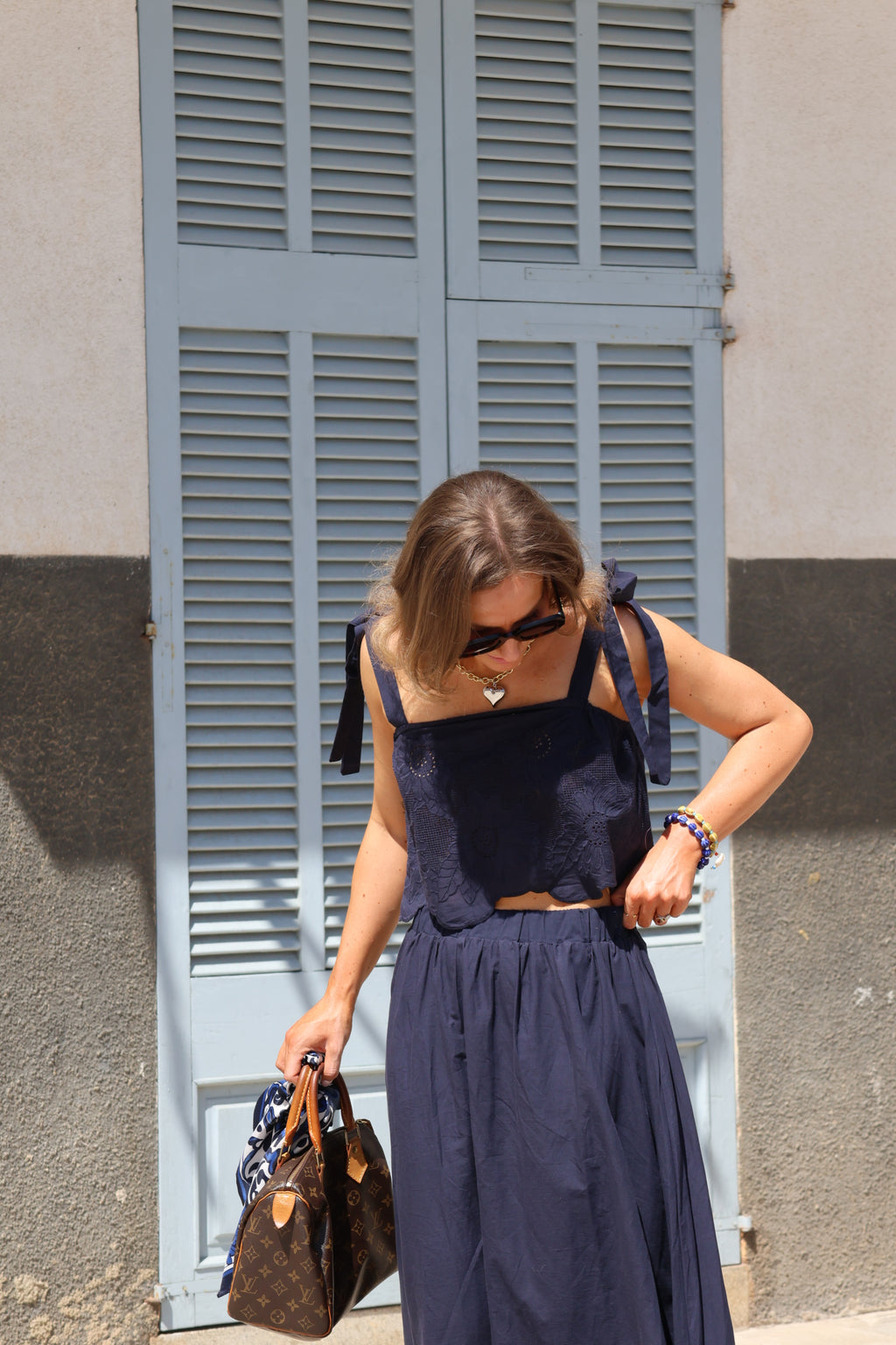 Ella top met kant marine