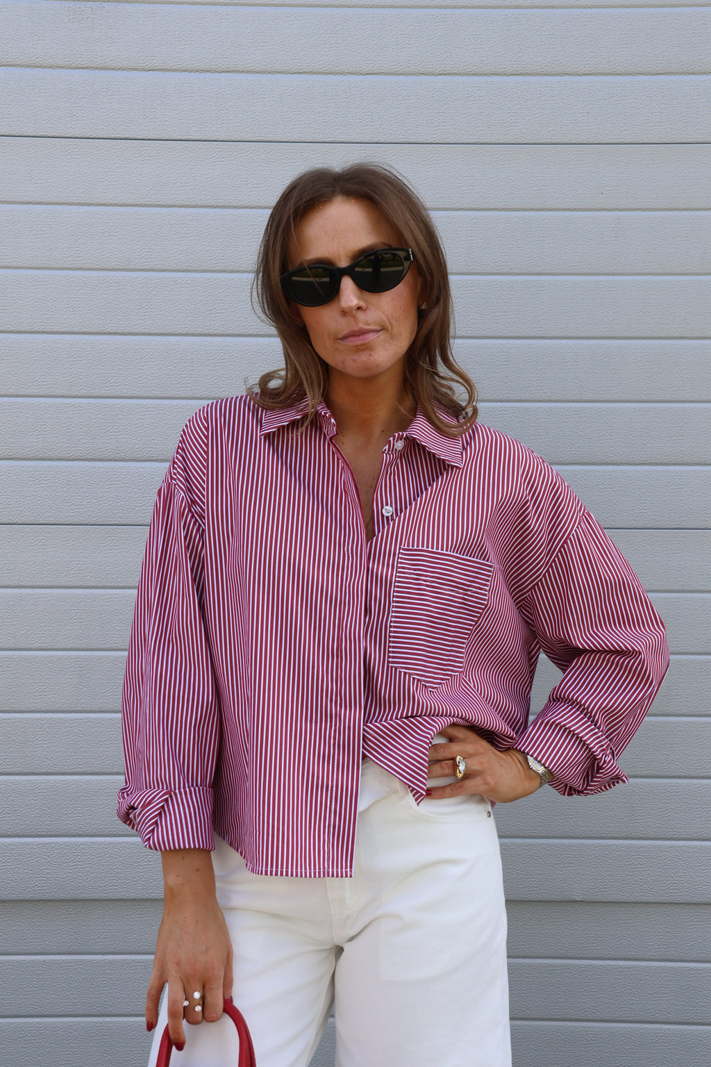 Inez gestreepte blouse rood