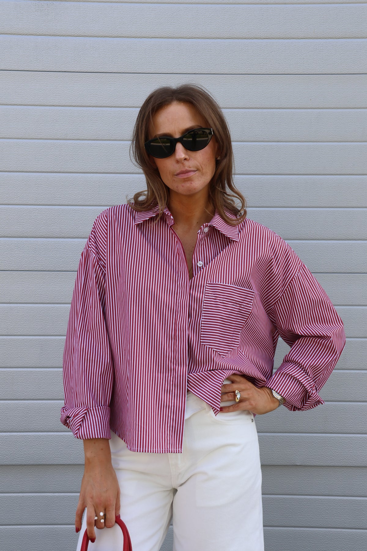 Inez gestreepte blouse rood
