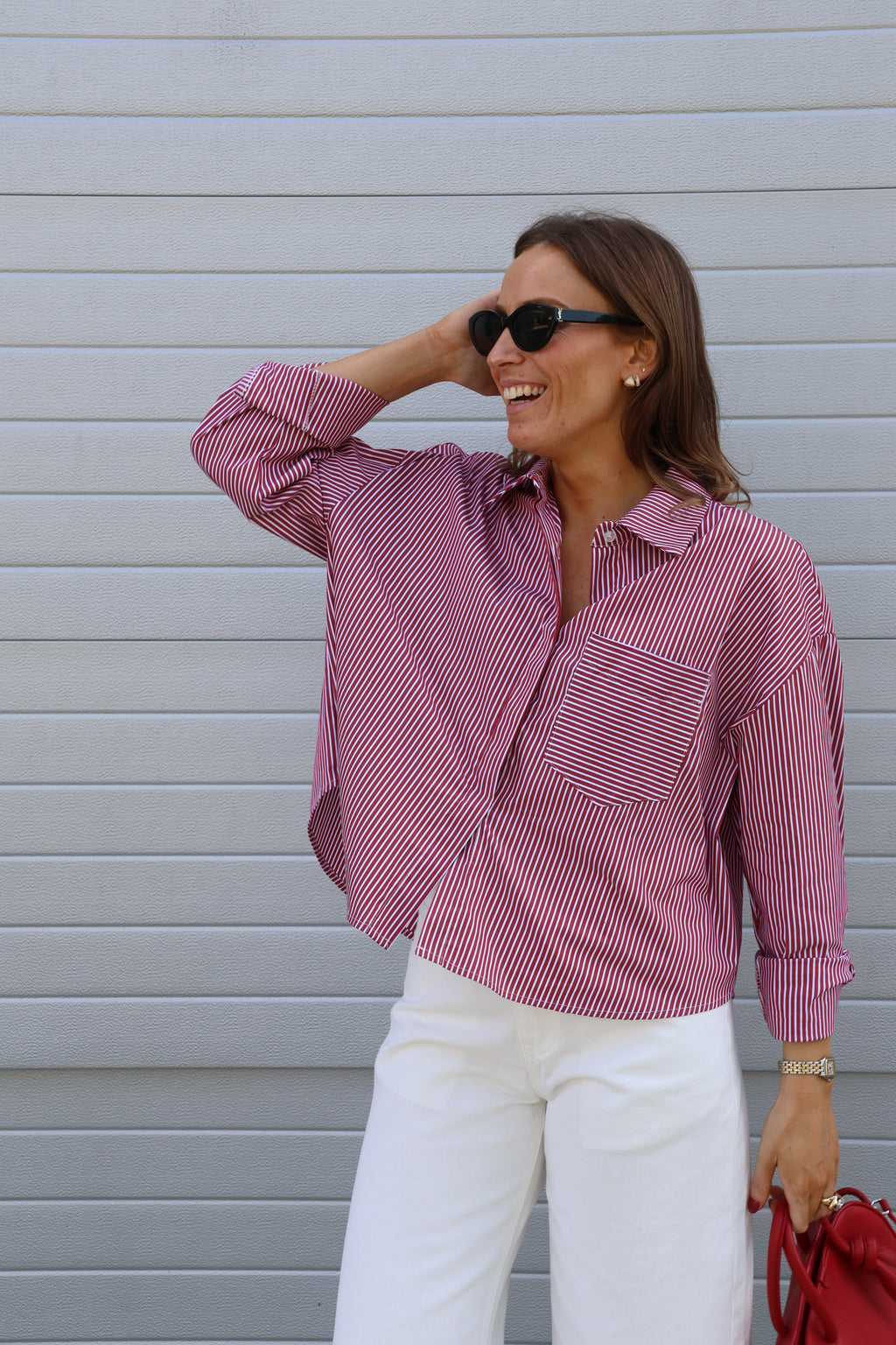 Inez gestreepte blouse rood