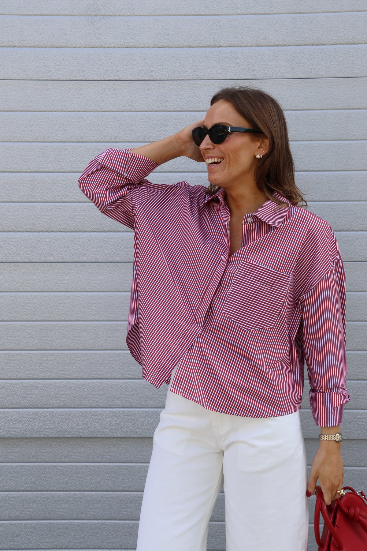 Inez gestreepte blouse rood