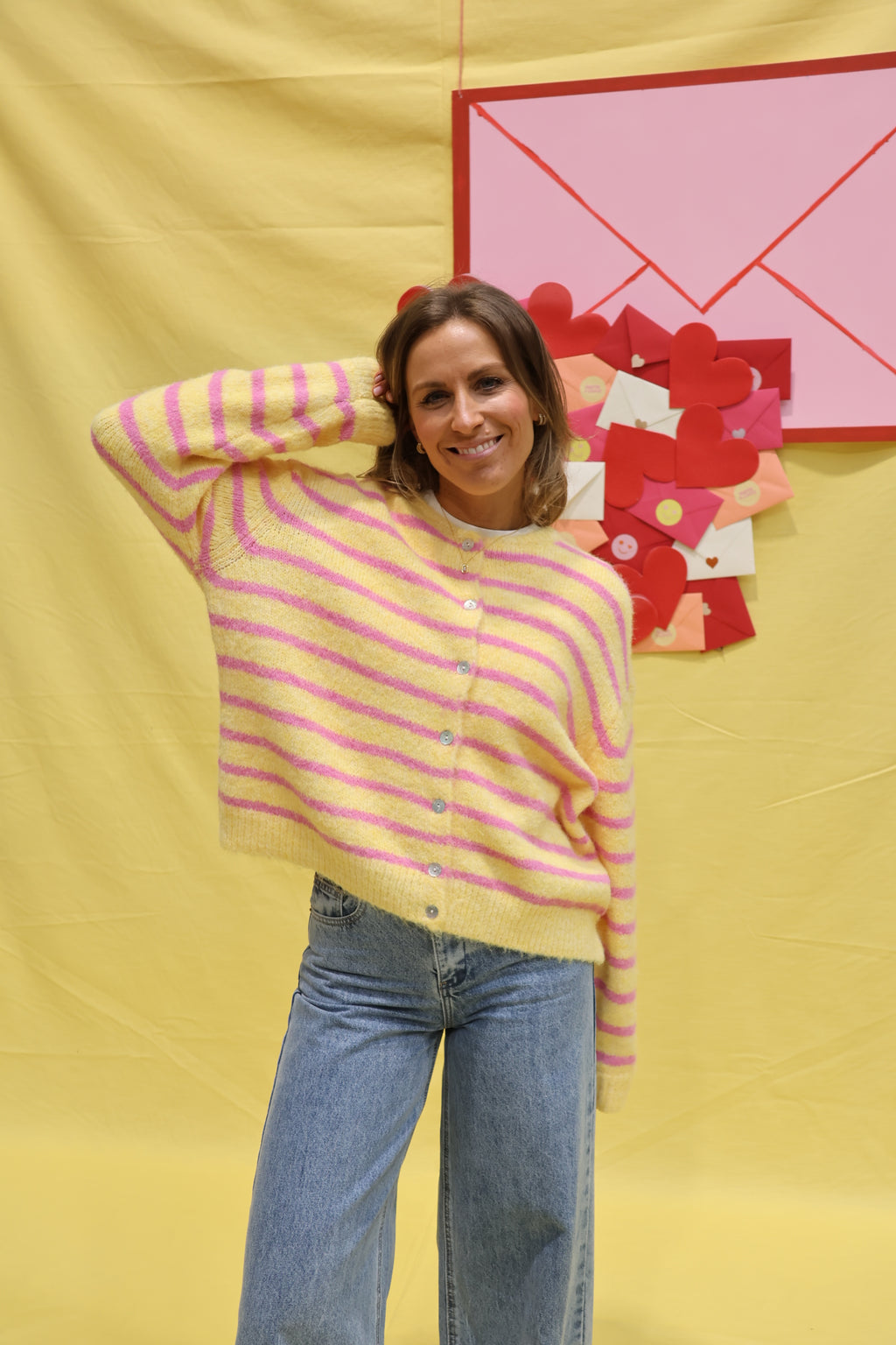 Pauline striped cardigan geel/roze