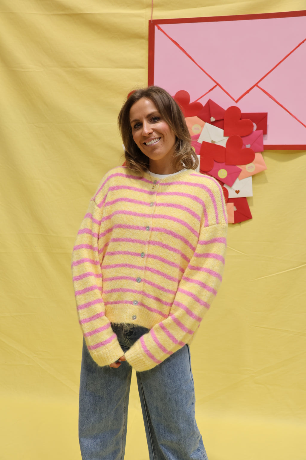 Pauline striped cardigan geel/roze