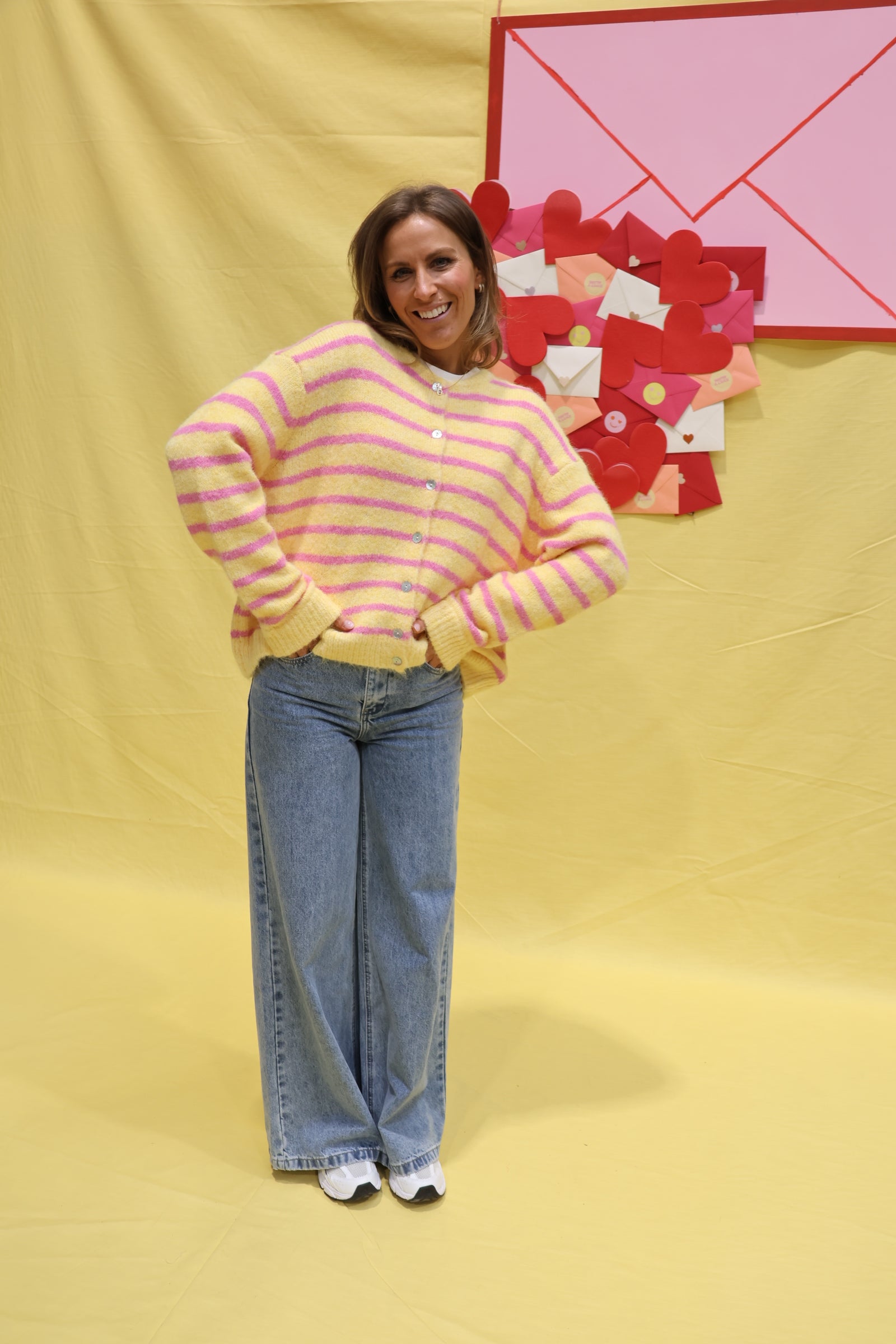 Pauline striped cardigan geel/roze