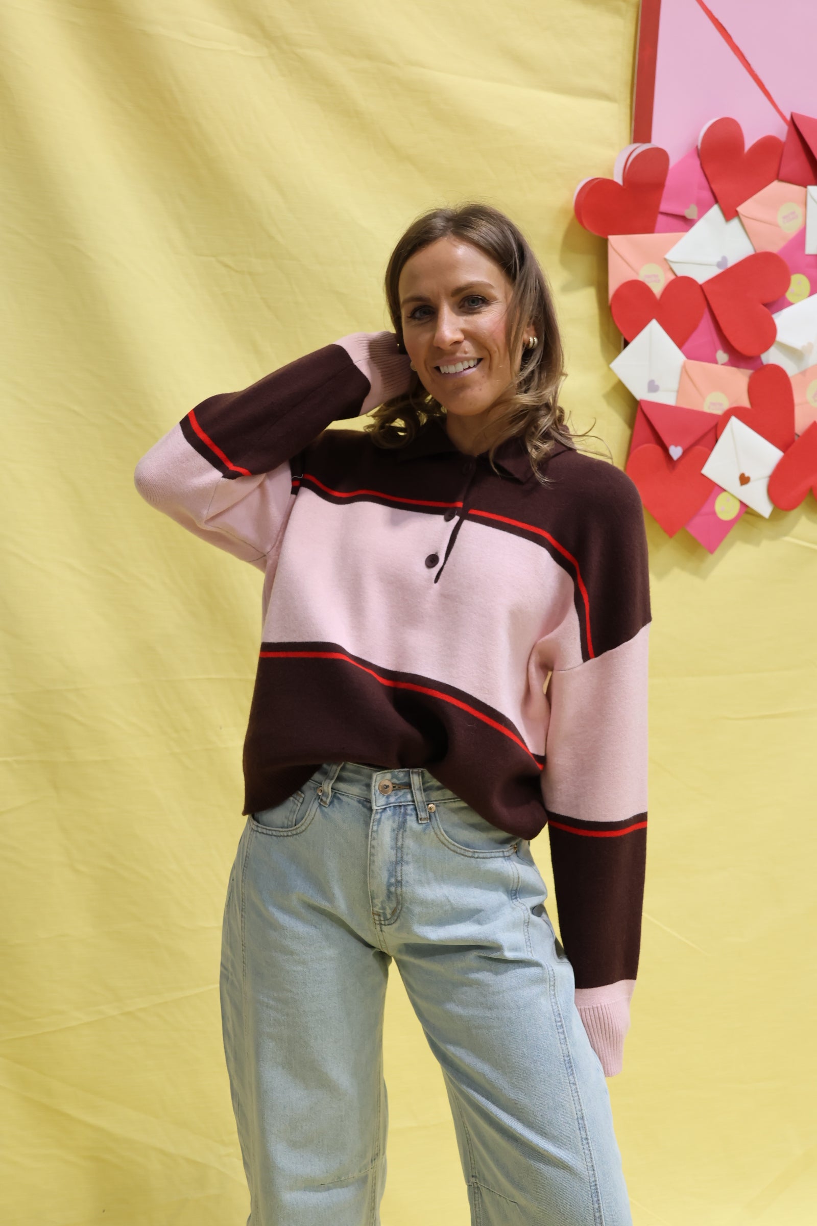 Lotte gestreepte polo roze/bruin