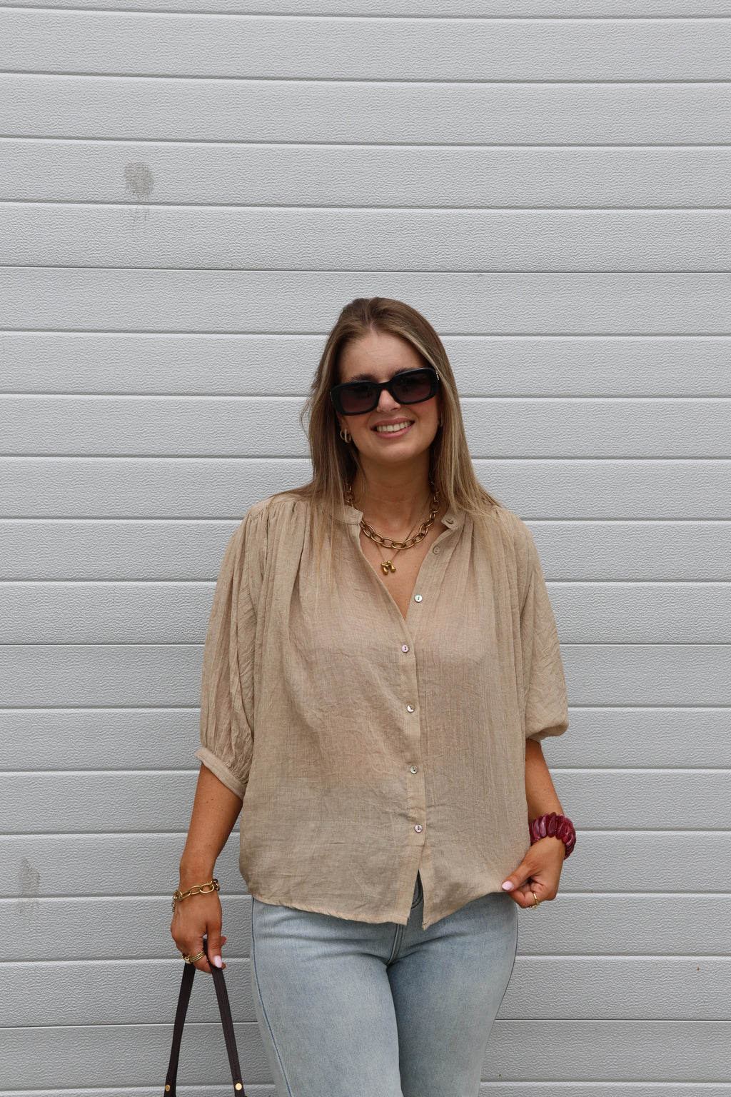 Lieke blouse met wijde mouwen camel