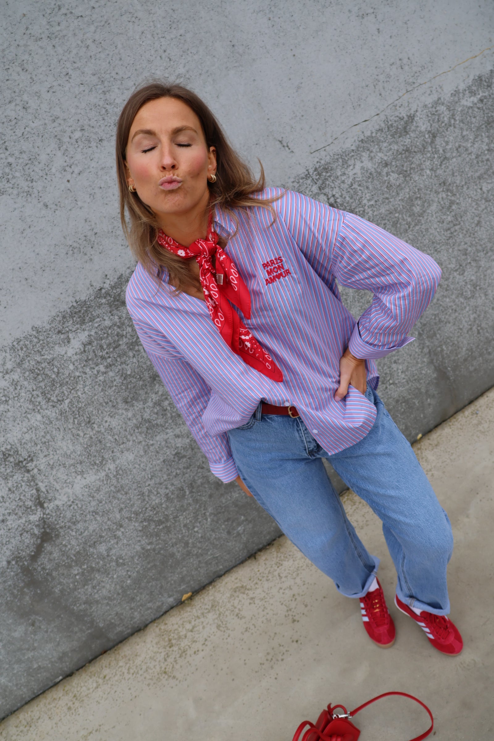 Paris mon amour hemdje lichtblauw/rood