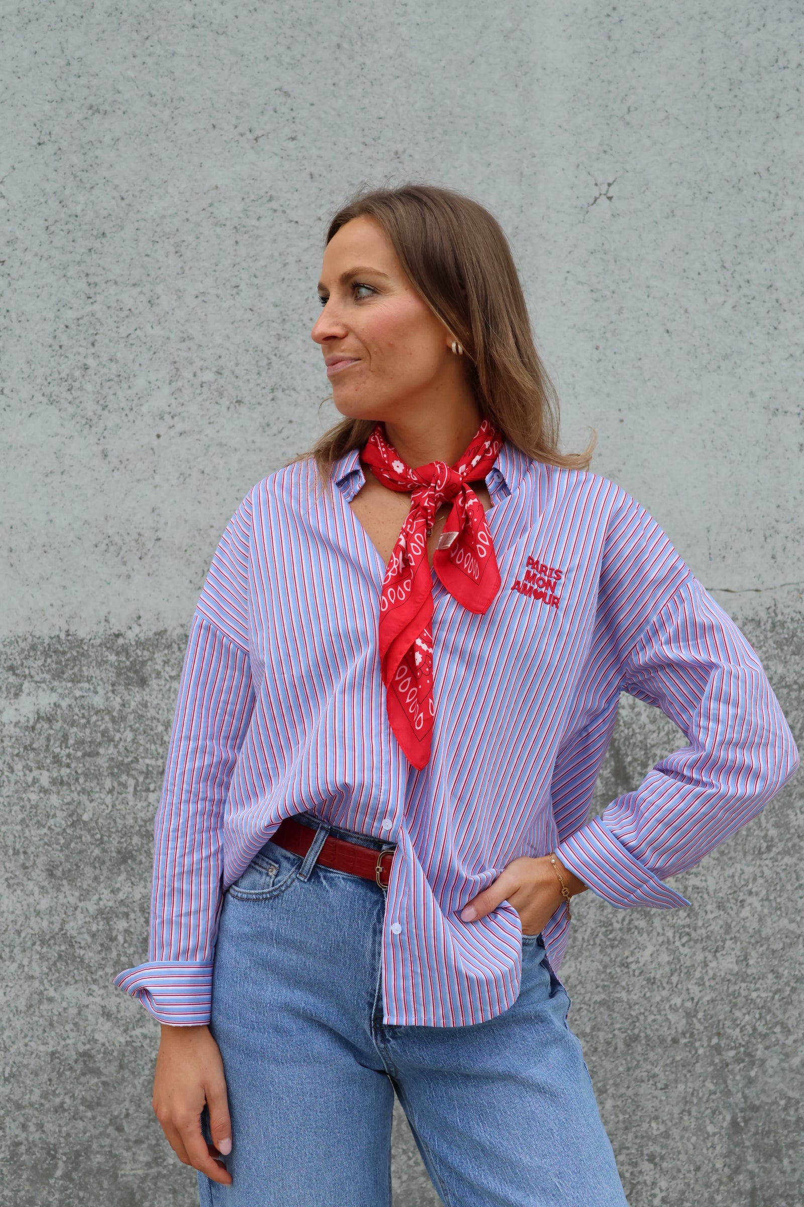 Paris mon amour hemdje lichtblauw/rood