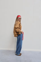 Ilse cropped bomberjas met ribdetail camel